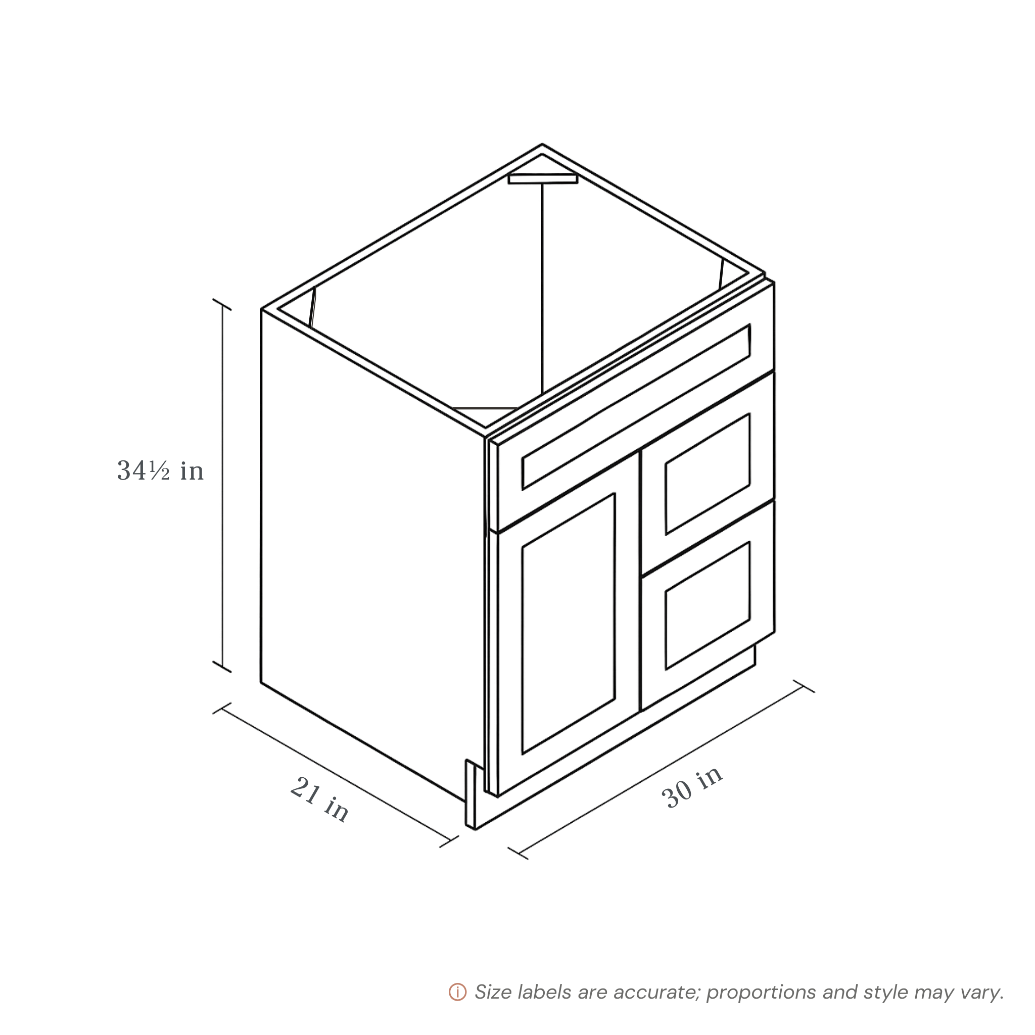 Blue contemporary shaker vanity sink & drawer right, 30″ wide, 34.5″ high, 21″ deep, shown in a technical line drawing with dimensions. Part of the Belmont line from the Kitchen & Cabinet Store.