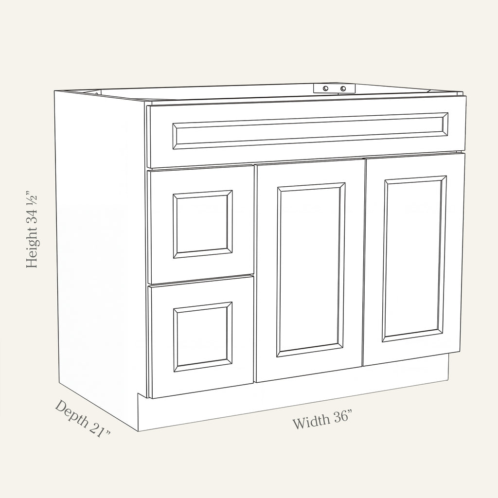 Dimension drawing of a Belmont Shaker vanity sink combo cabinet with 2 doors and 2 left-side drawers, 36W, 34.5H, 21D.