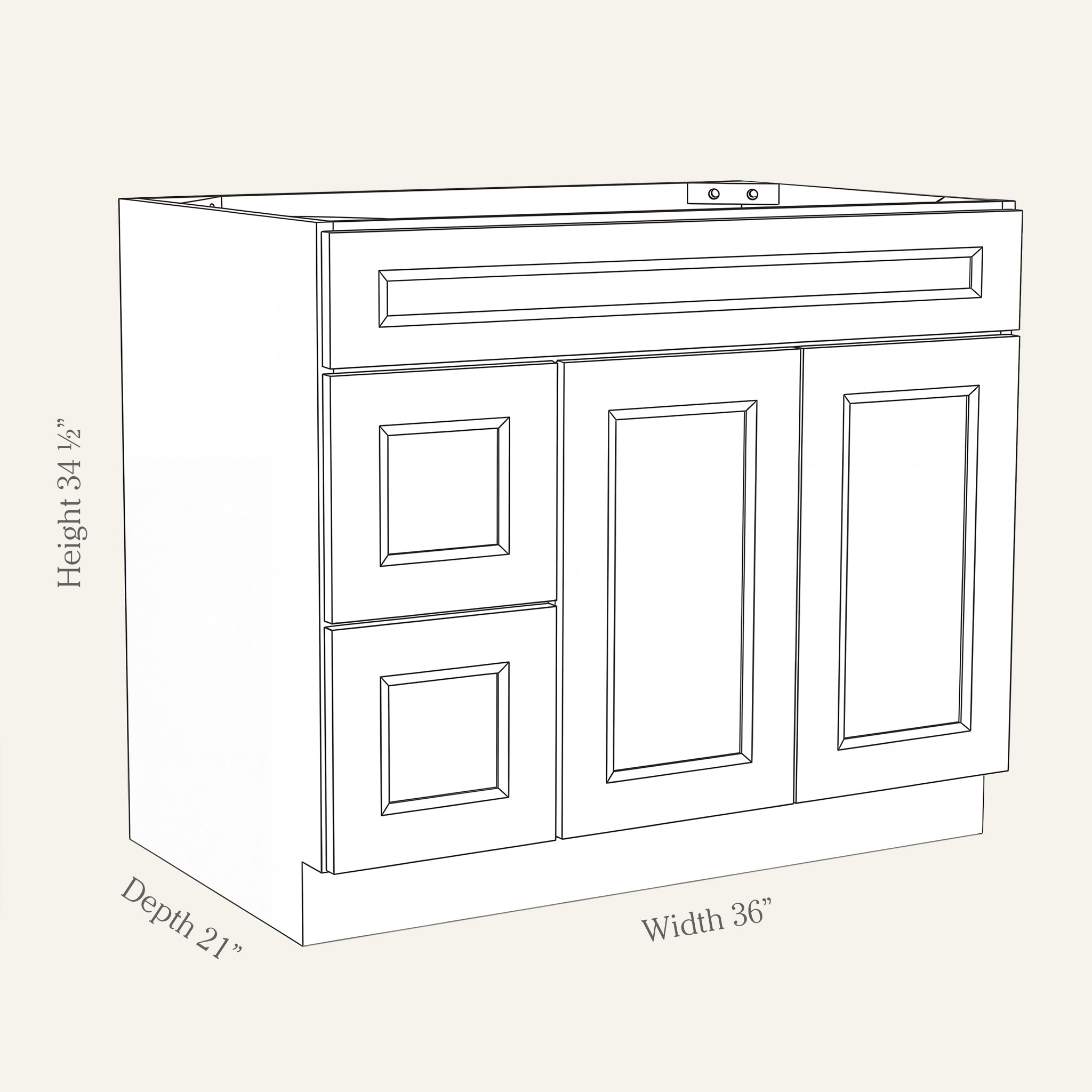 Dimension drawing of a Belmont Shaker vanity sink combo cabinet with 2 doors and 2 left-side drawers, 36W, 34.5H, 21D.