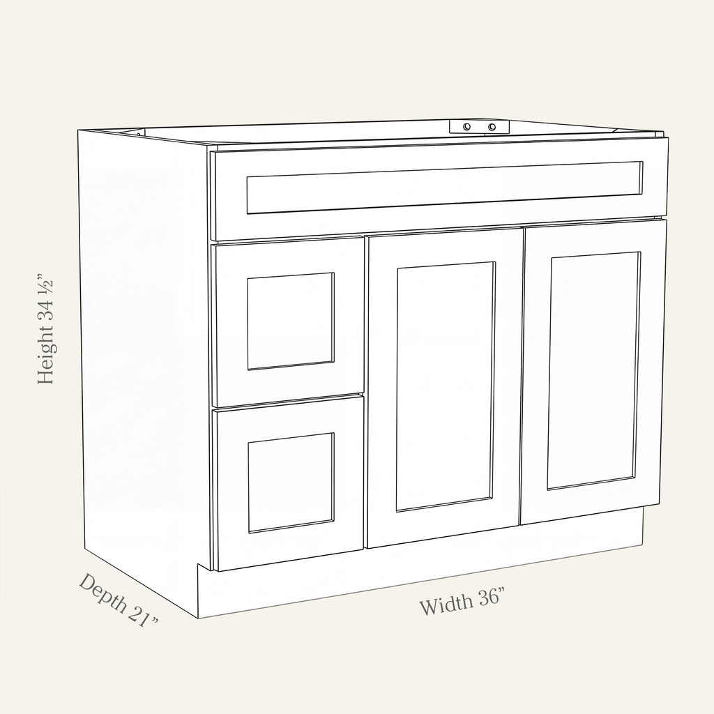 Angled line drawing of a Seaport Shaker sink combo with 2 doors and 2 left-side drawers, 36W, 34.5H, 21D.