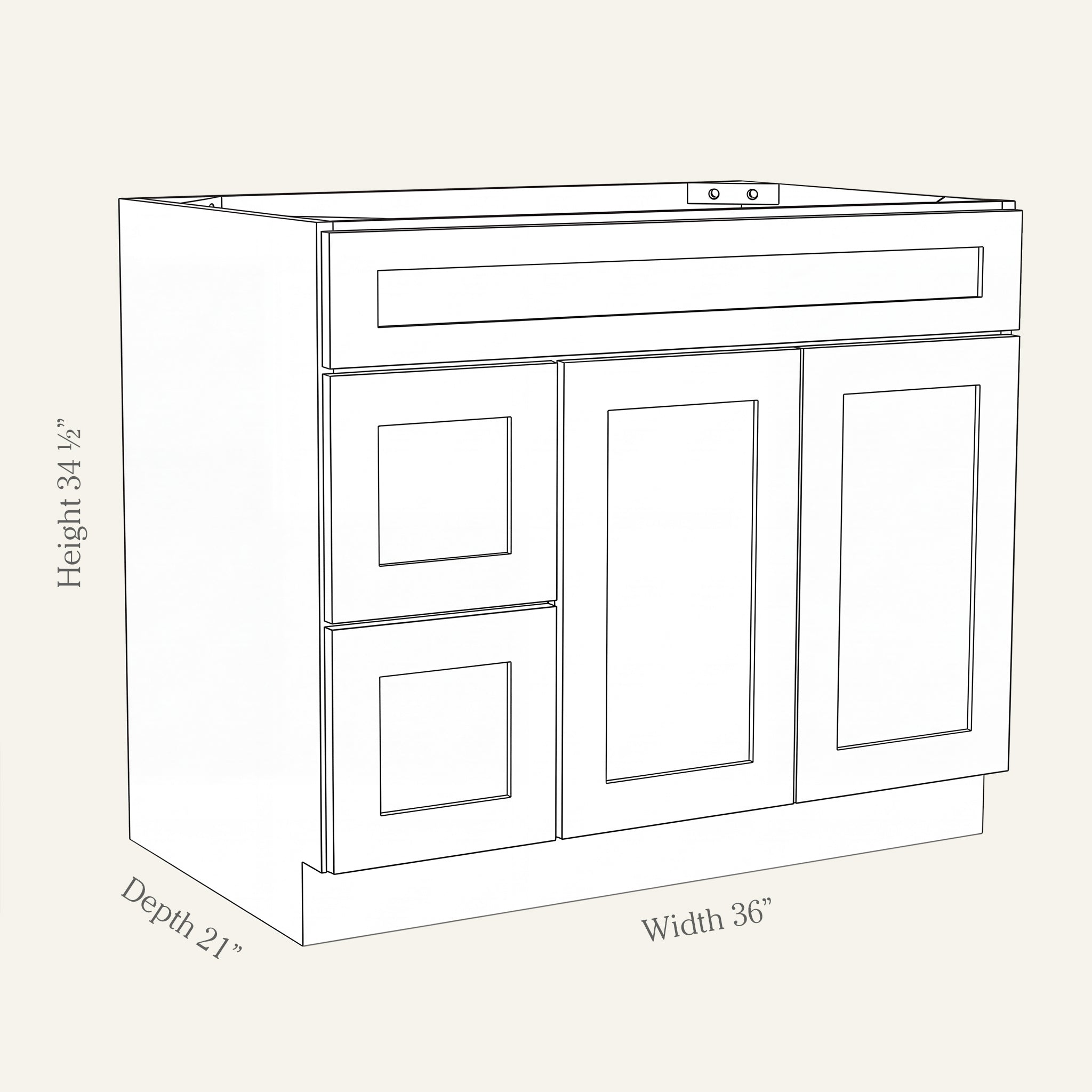 Angled line drawing of a Seaport Shaker sink combo with 2 doors and 2 left-side drawers, 36W, 34.5H, 21D.