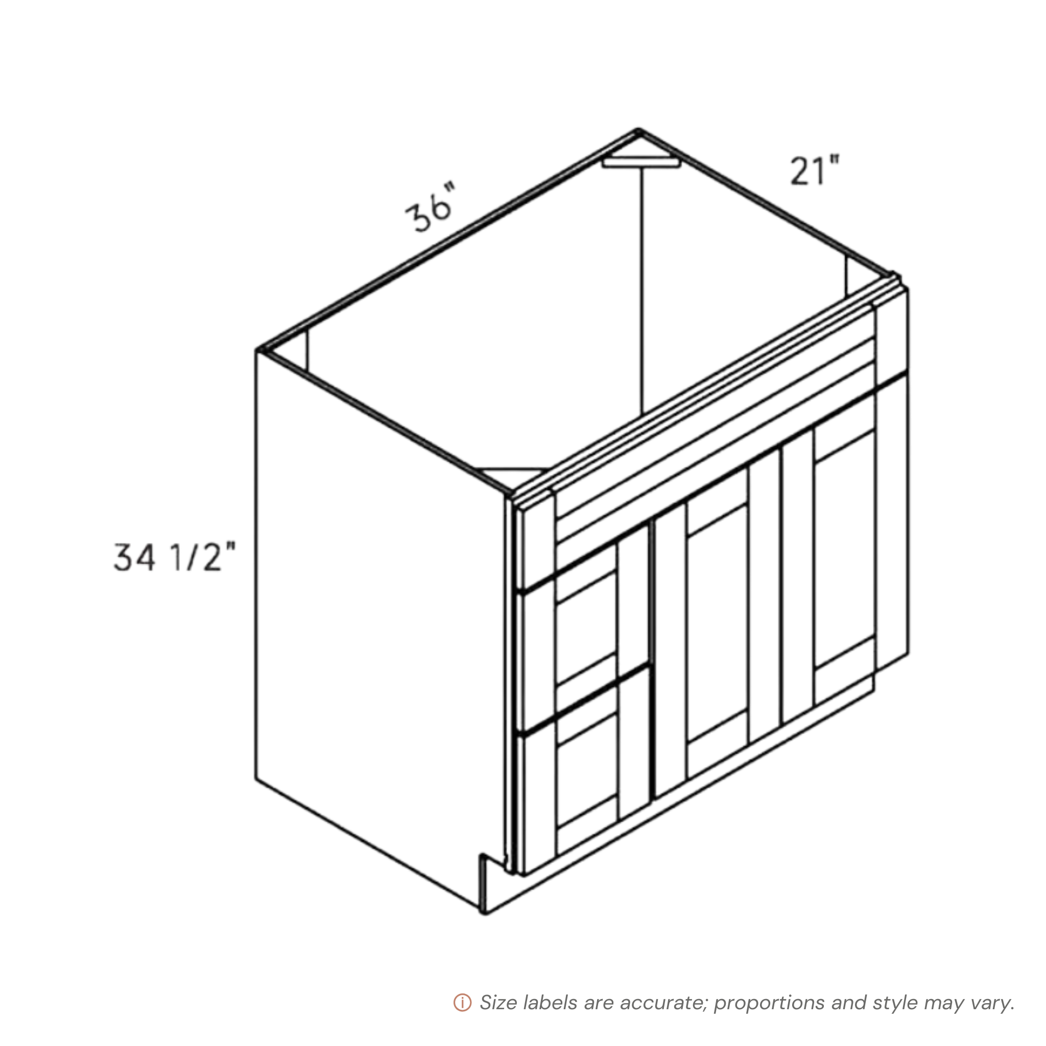 White traditional shaker vanity sink & drawer left, 36″ wide, 34.5″ high, 21″ deep, shown in a technical line drawing with dimensions. Part of the Seaport line from the Kitchen & Cabinet Store.