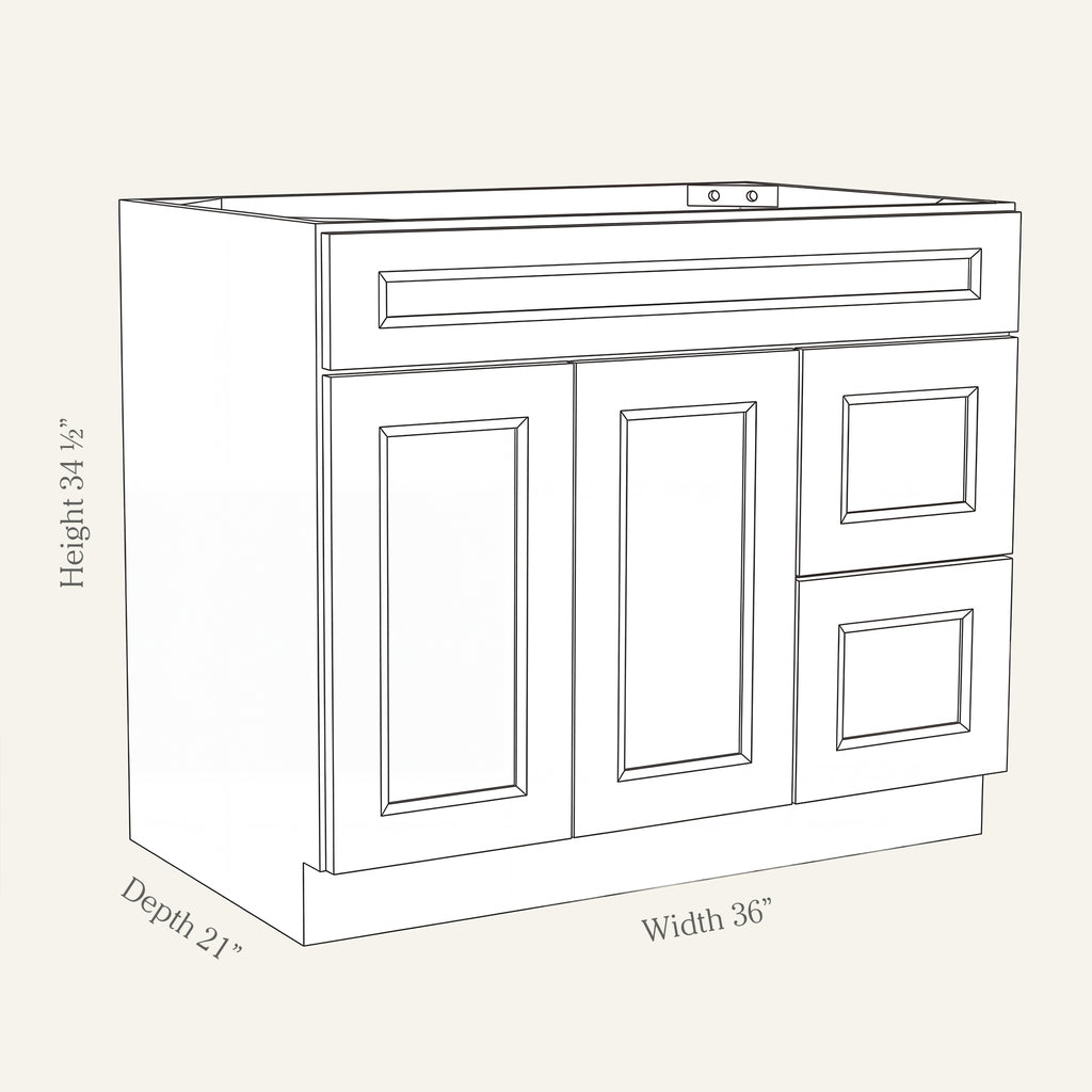 Dimension drawing of a Belmont Shaker vanity sink combo cabinet with 2 doors and 2 right-side drawers, 36W, 34.5H, 21D.