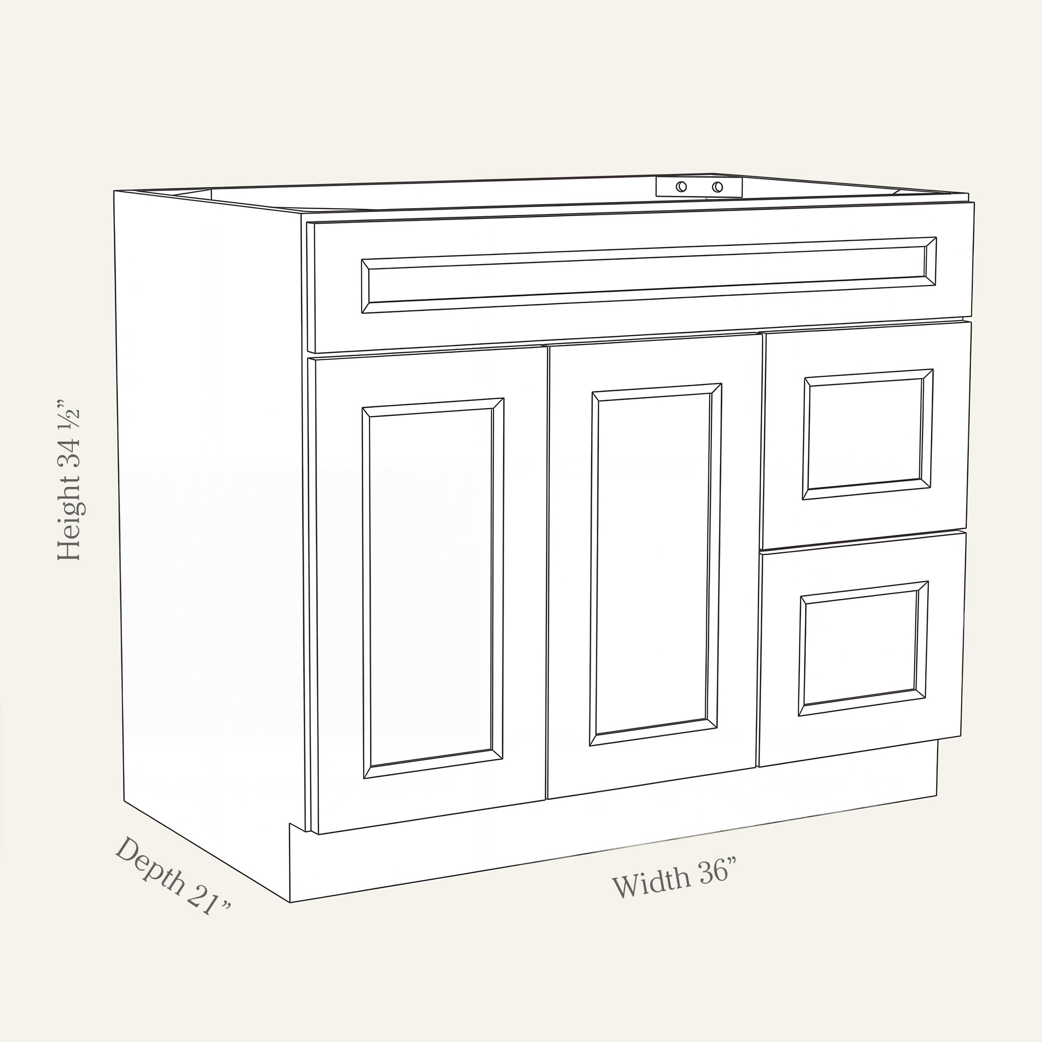 Dimension drawing of a Belmont Shaker vanity sink combo cabinet with 2 doors and 2 right-side drawers, 36W, 34.5H, 21D.