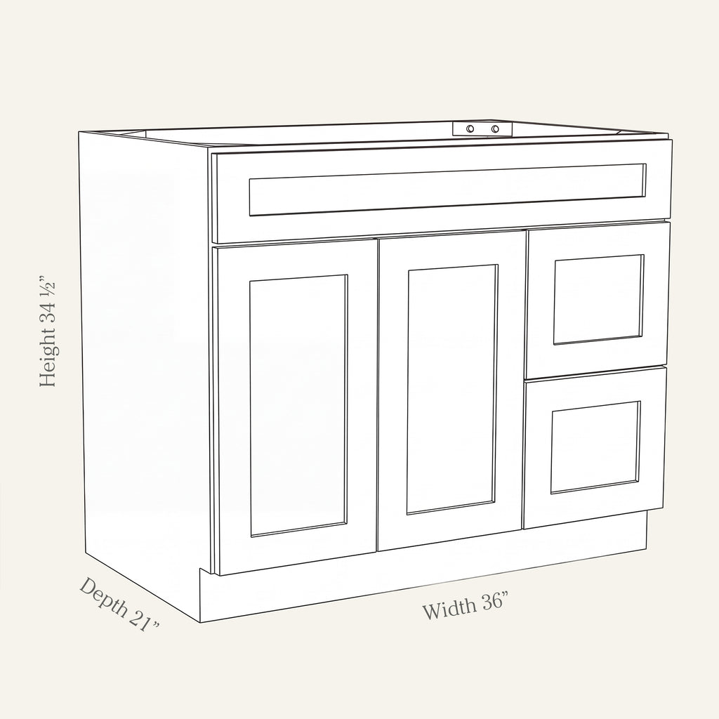 Angled line drawing of a Seaport Shaker sink combo with 2 doors and 2 right-side drawers, 36W, 34.5H, 21D.