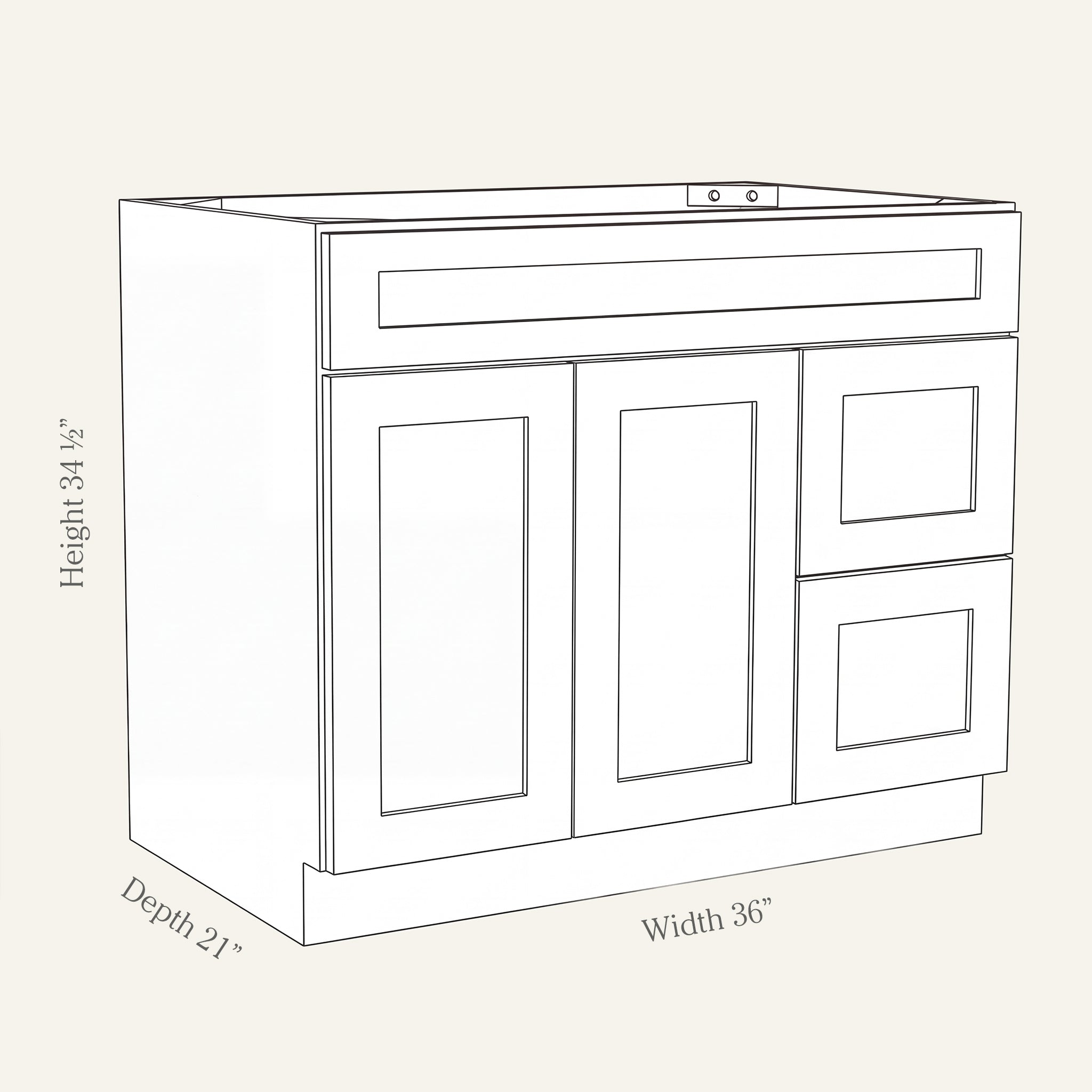 Angled line drawing of a Seaport Shaker sink combo with 2 doors and 2 right-side drawers, 36W, 34.5H, 21D.