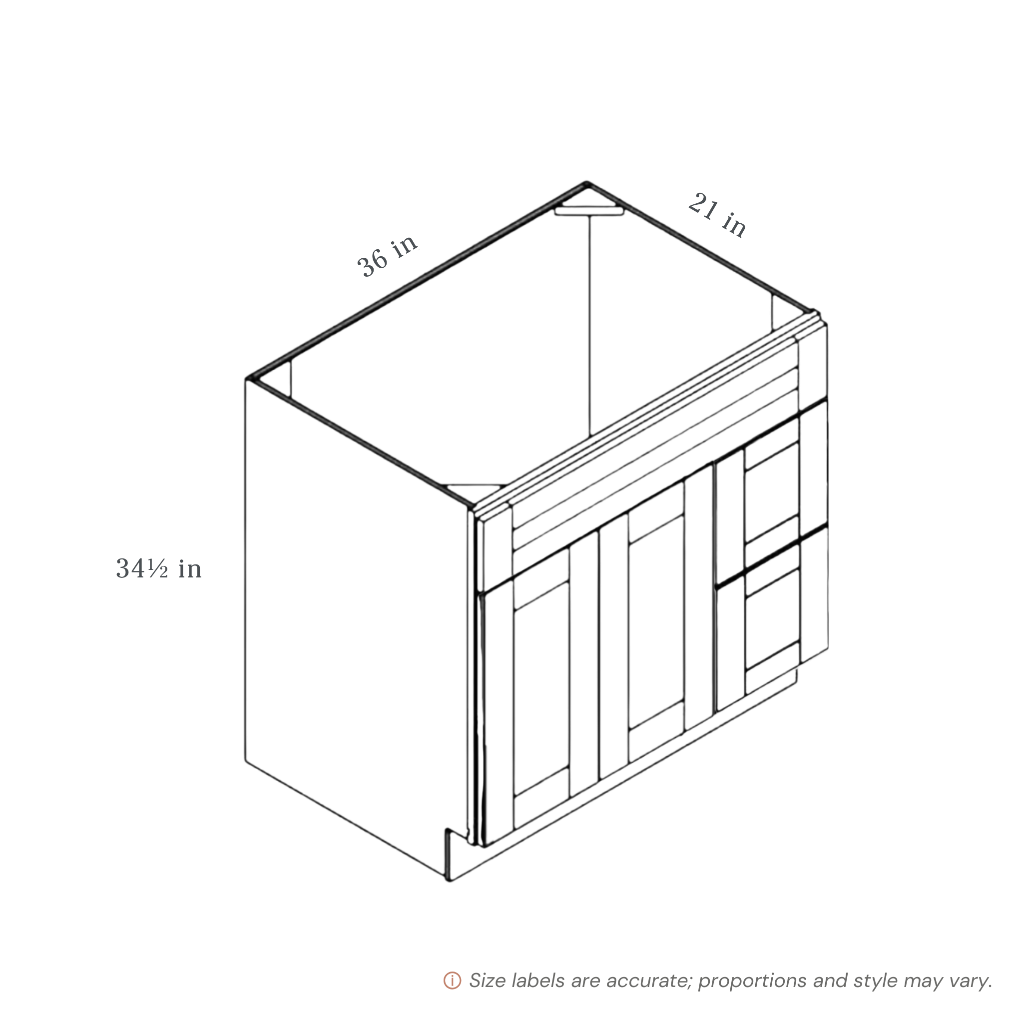 Driftwood traditional shaker vanity sink & drawer right, 36″ wide, 34.5″ high, 21″ deep, shown in a technical line drawing with dimensions. Part of the Seaport line from the Kitchen & Cabinet Store.