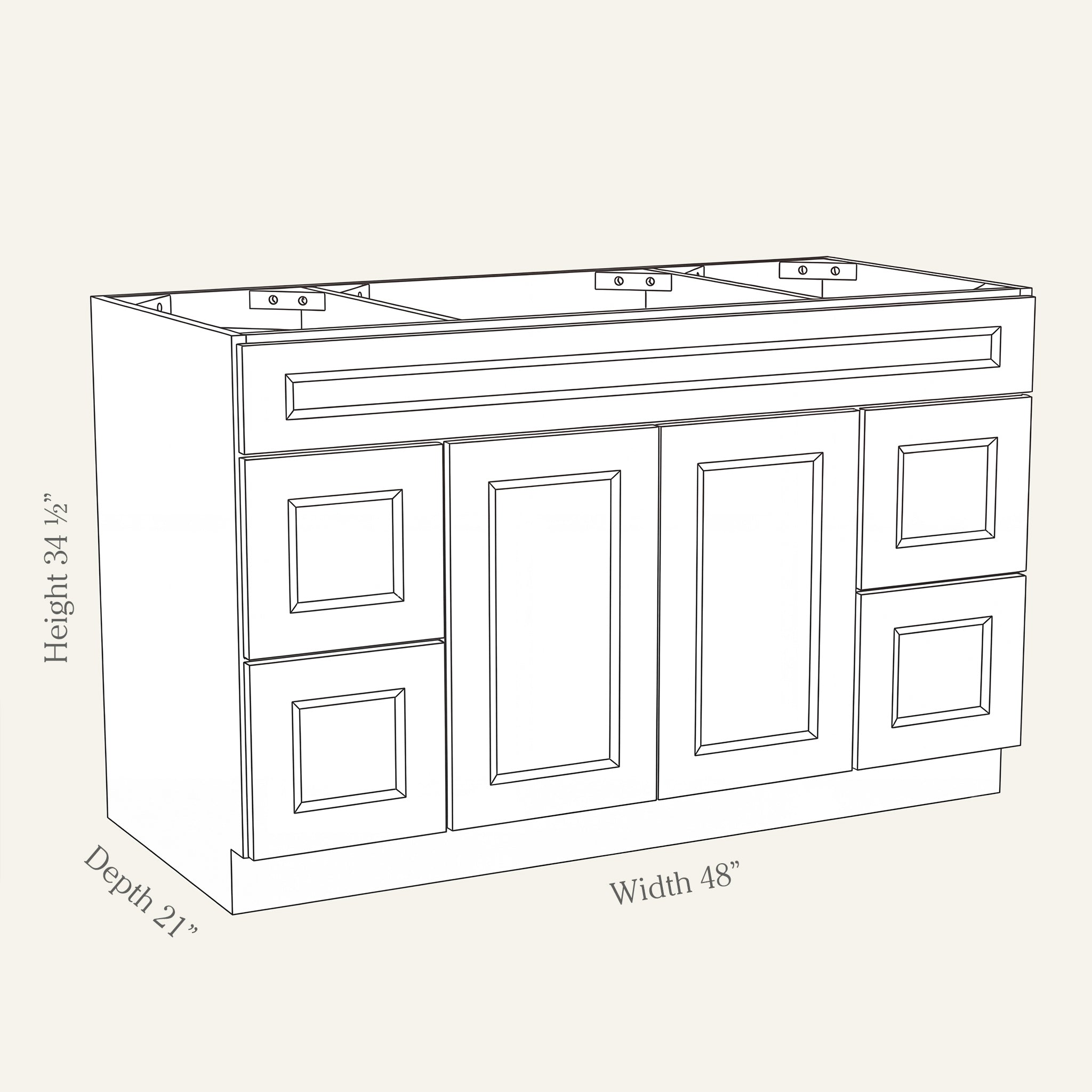 Dimension drawing of a Belmont Shaker vanity sink combo cabinet with 2 doors and 4 drawers, 48W, 34.5H, 21D.