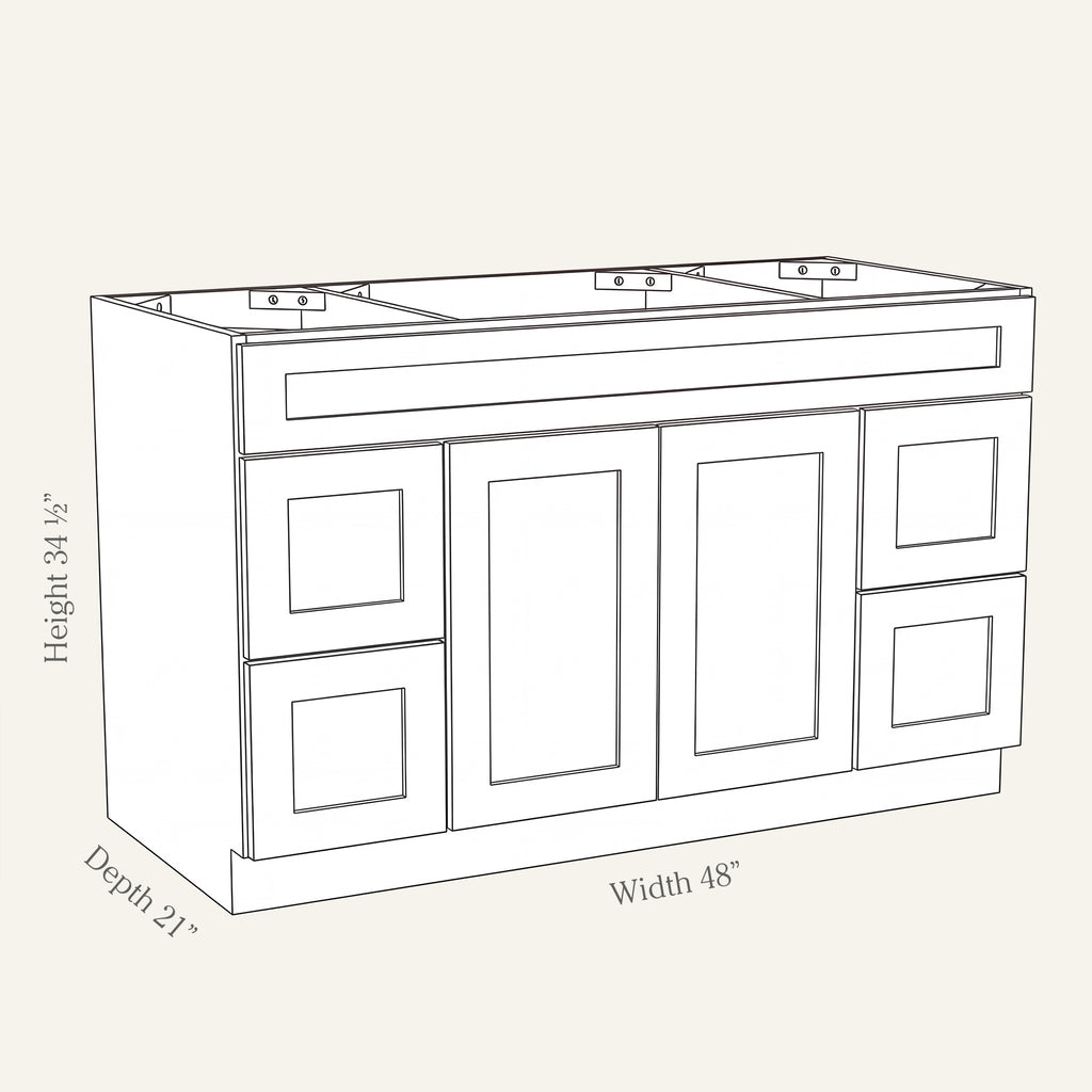 Angled line drawing of a Seaport Shaker sink combo with 2 doors and 4 drawers, 48W, 34.5H, 21D.
