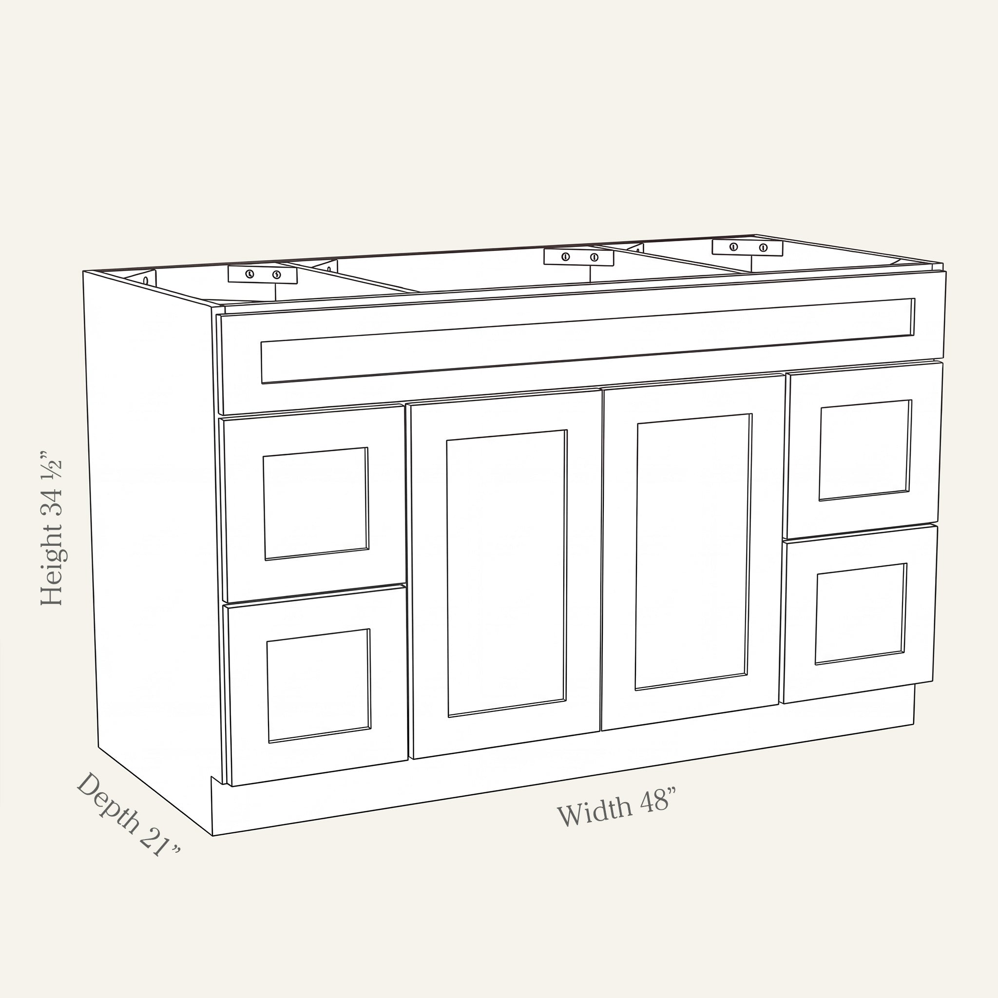 Angled line drawing of a Seaport Shaker sink combo with 2 doors and 4 drawers, 48W, 34.5H, 21D.