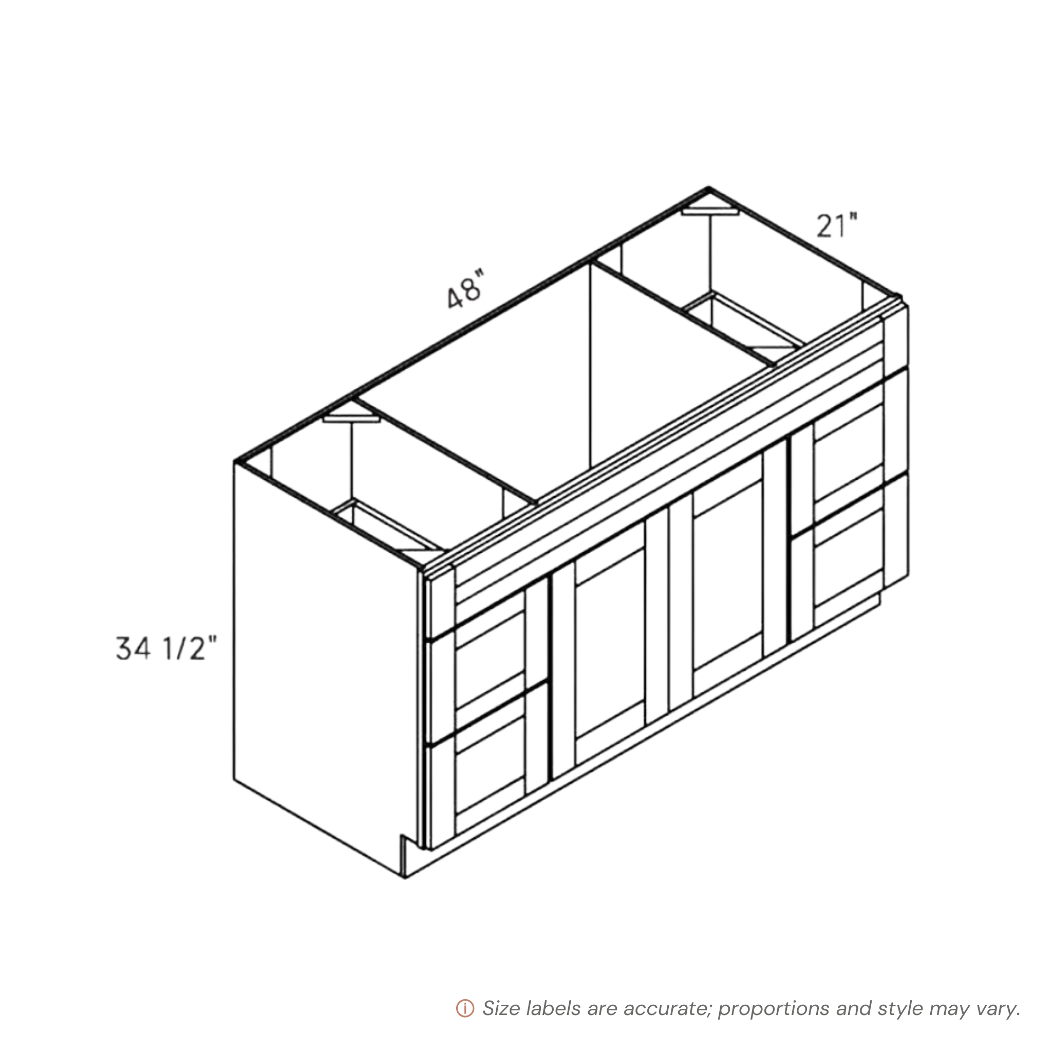 White contemporary shaker wide vanity sink & drawer, 48″ wide, 34.5″ high, 21″ deep, shown in a technical line drawing with dimensions. Part of the Belmont line from the Kitchen & Cabinet Store.