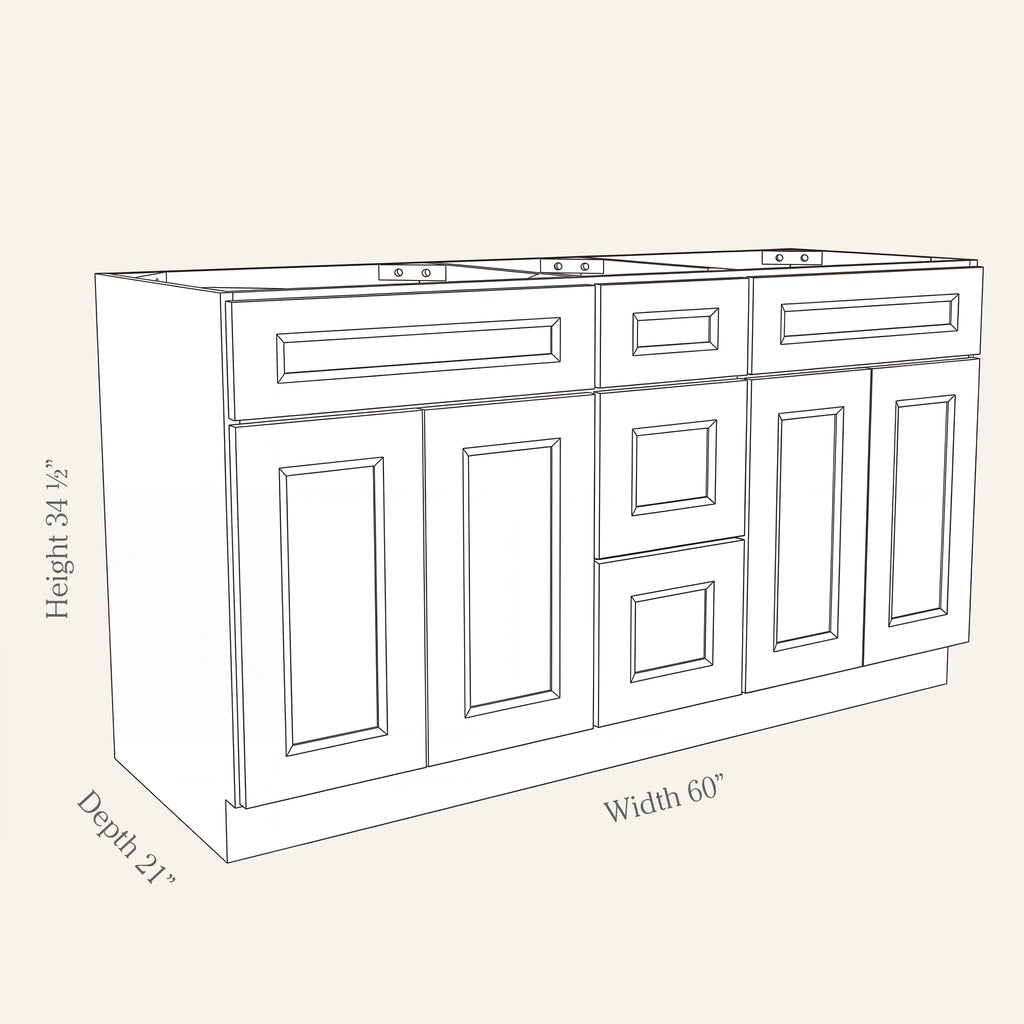 Dimension drawing of a Belmont Shaker double-sink vanity cabinet with 4 doors and 3 drawers, 60W, 34.5H, 21D.