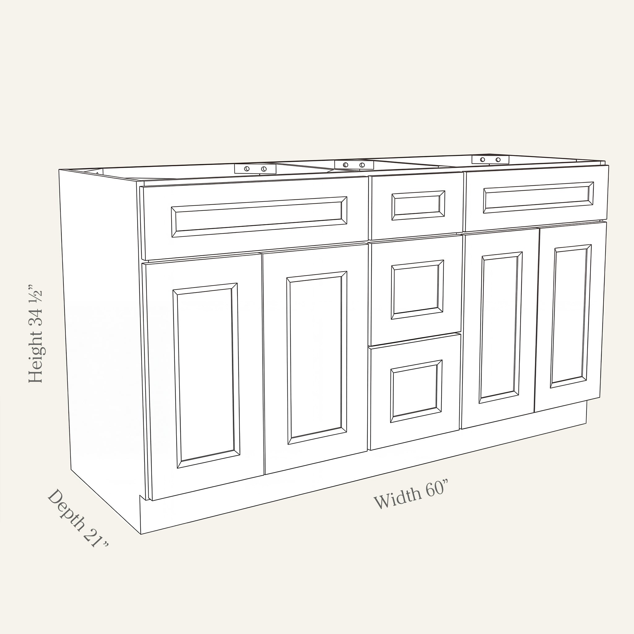 Dimension drawing of a Belmont Shaker double-sink vanity cabinet with 4 doors and 3 drawers, 60W, 34.5H, 21D.