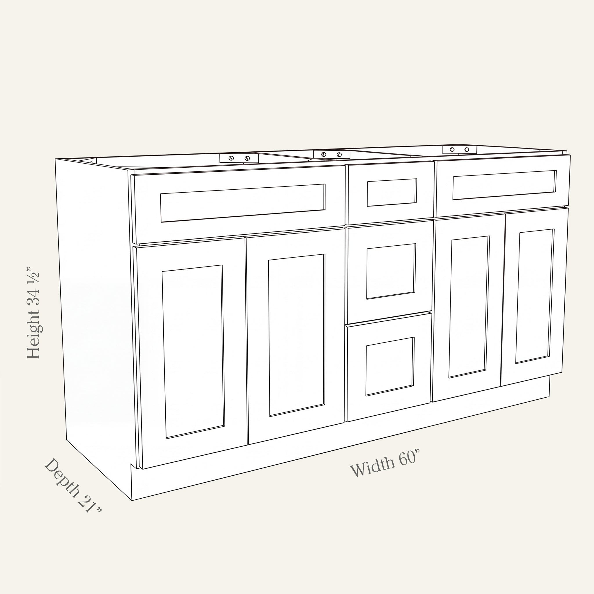 Angled line drawing of a Seaport Shaker double-sink combo with 4 doors and 3 drawers, 60W, 34.5H, 21D.