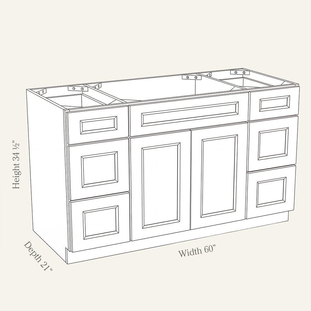 Dimension drawing of a Belmont Shaker single-sink vanity cabinet with 2 doors and 6 drawers, 60W, 34.5H, 21D.