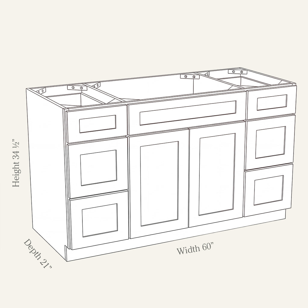 Angled line drawing of a Seaport Shaker single-sink combo with 2 doors and 6 drawers, 60W, 34.5H, 21D.