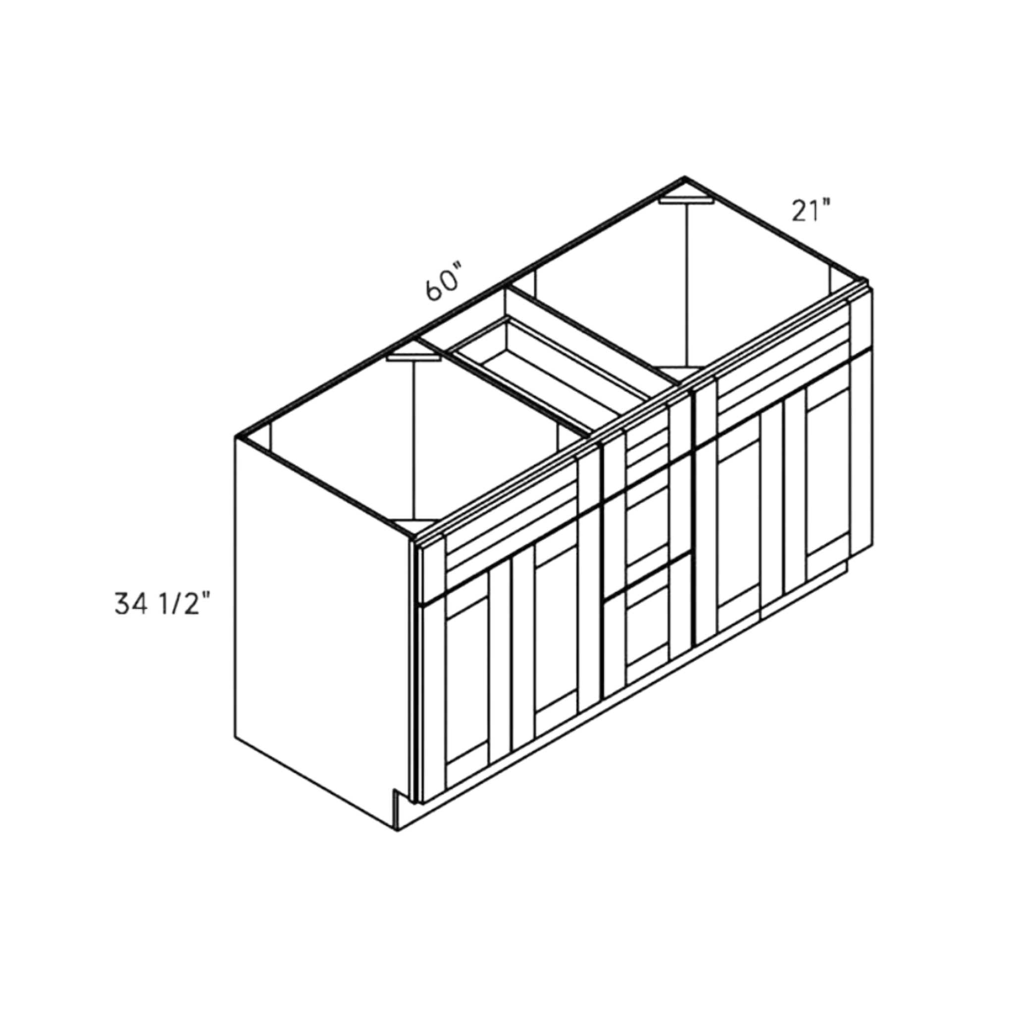 Blue contemporary shaker double vanity sink & drawer, 60″ wide, 34.5″ high, 21″ deep, shown in a technical line drawing with dimensions. Part of the Belmont line from the Kitchen & Cabinet Store.
