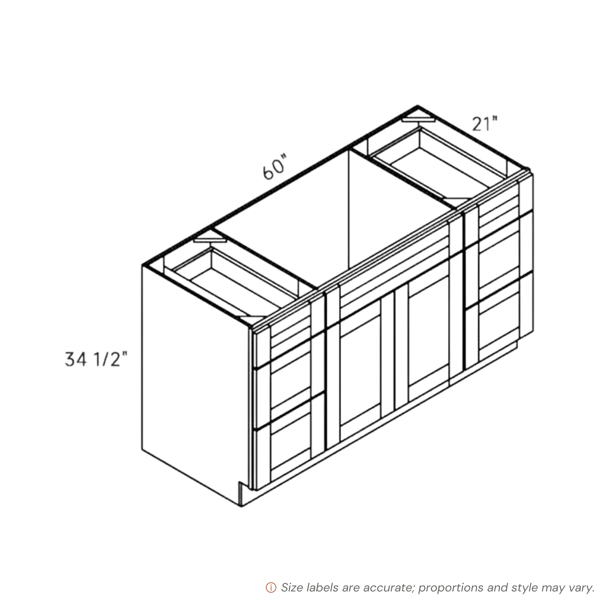 Driftwood traditional shaker single vanity sink & drawer, 60″ wide, 34.5″ high, 21″ deep, shown in a technical line drawing with dimensions. Part of the Seaport line from the Kitchen & Cabinet Store.
