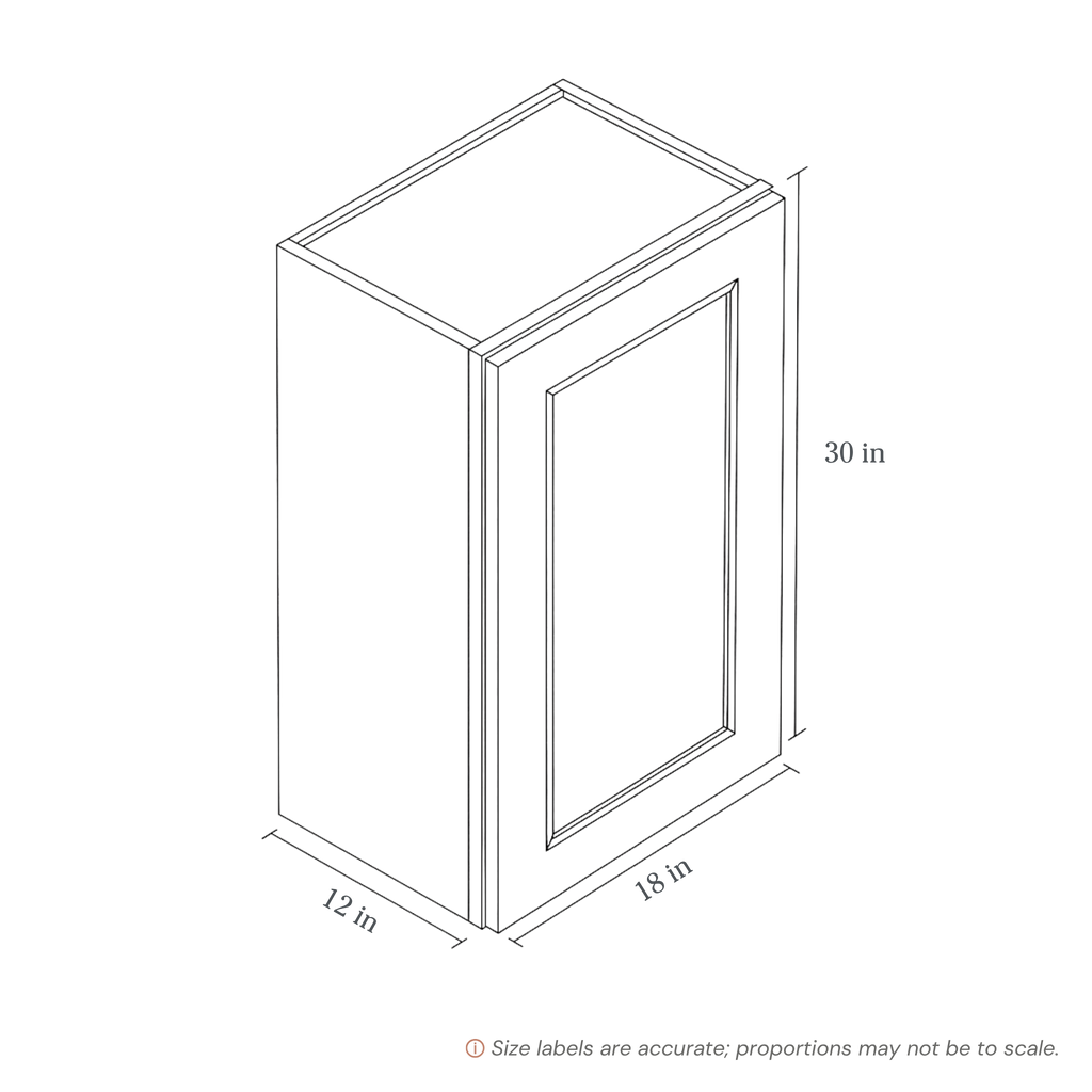 Blue contemporary shaker wall cabinet, 18″ wide, 30″ high, 12″ deep, shown in a technical line drawing with dimensions. Part of the Belmont line from the Kitchen & Cabinet Store.