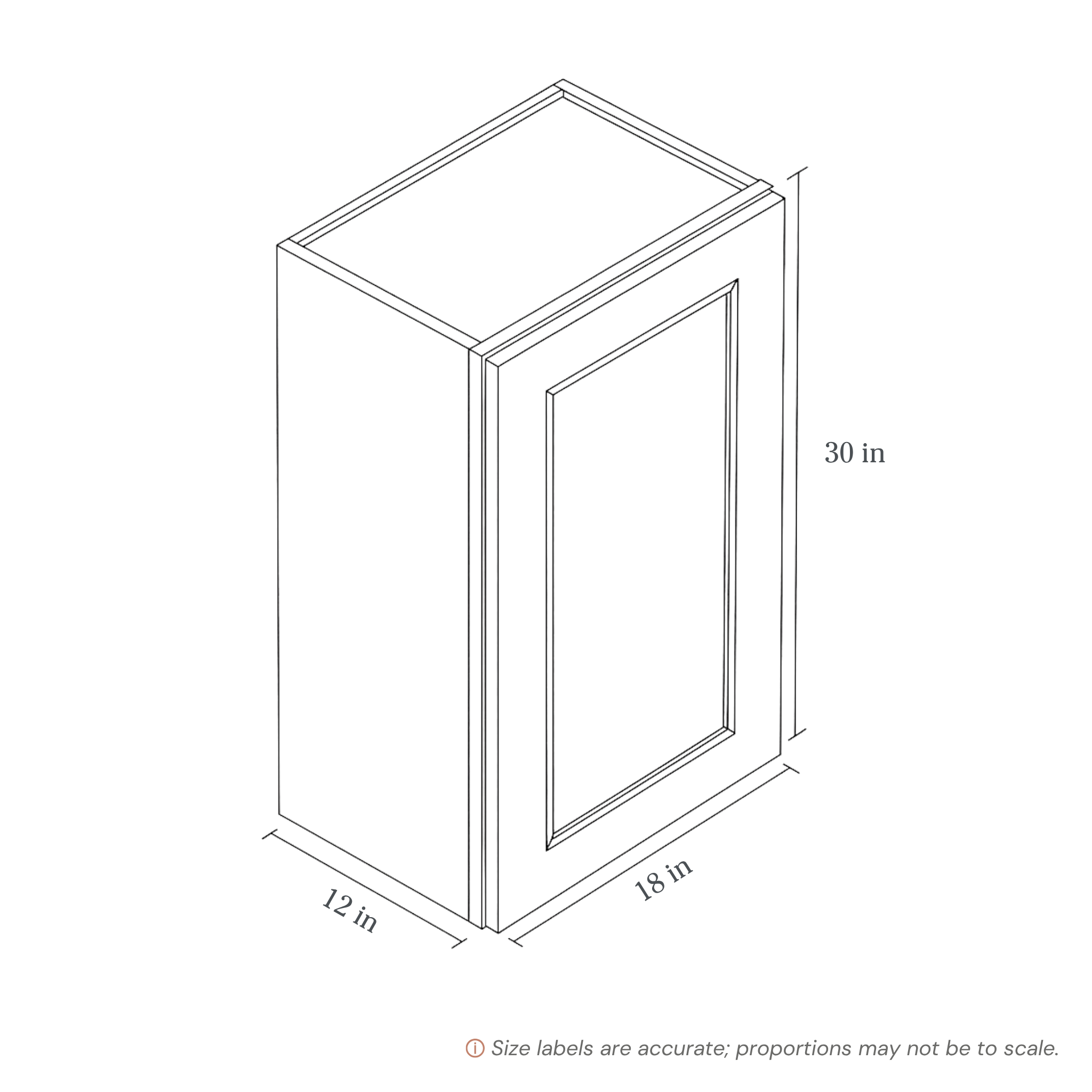 Blue contemporary shaker wall cabinet, 18″ wide, 30″ high, 12″ deep, shown in a technical line drawing with dimensions. Part of the Belmont line from the Kitchen & Cabinet Store.