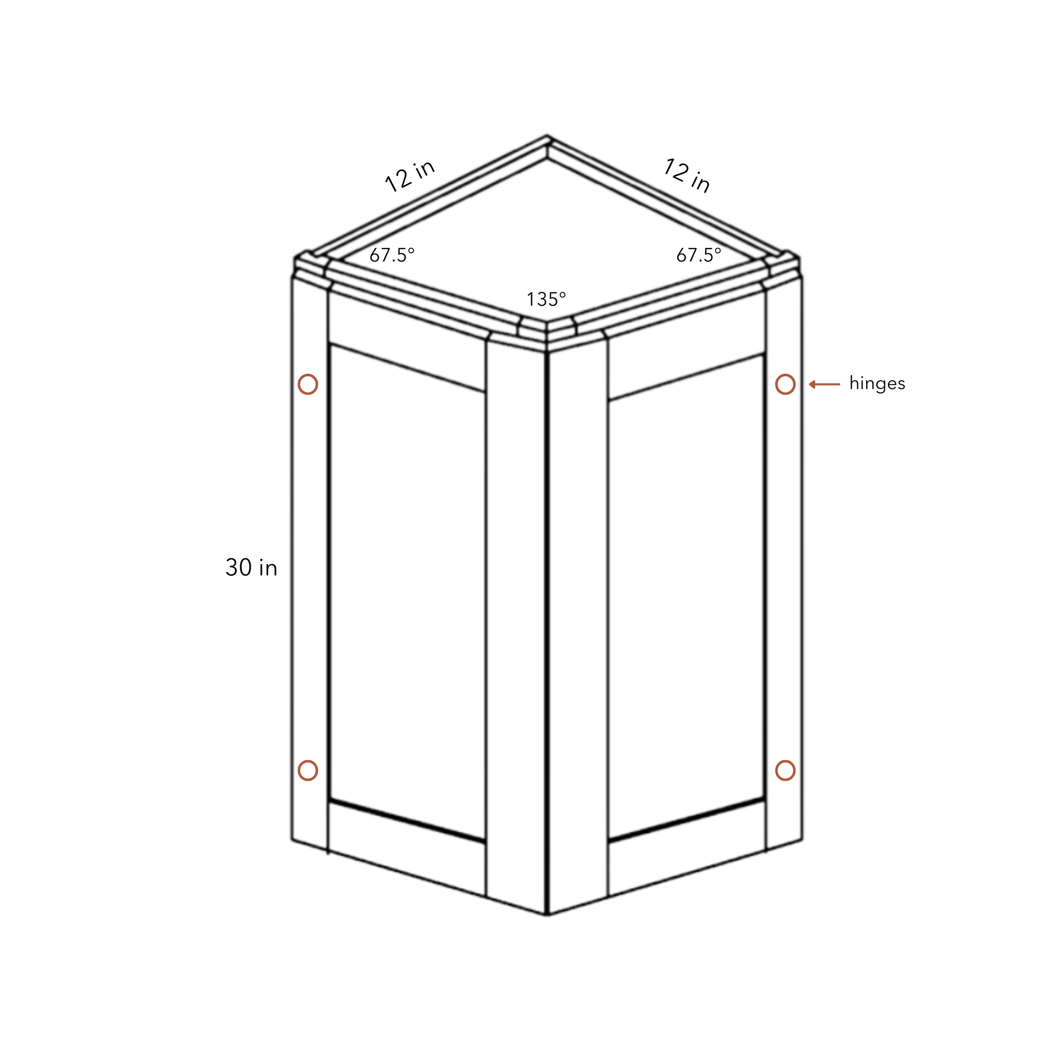 Seaport Natural Wall Angle Corner - 12w 30h 12d line drawing dimensions