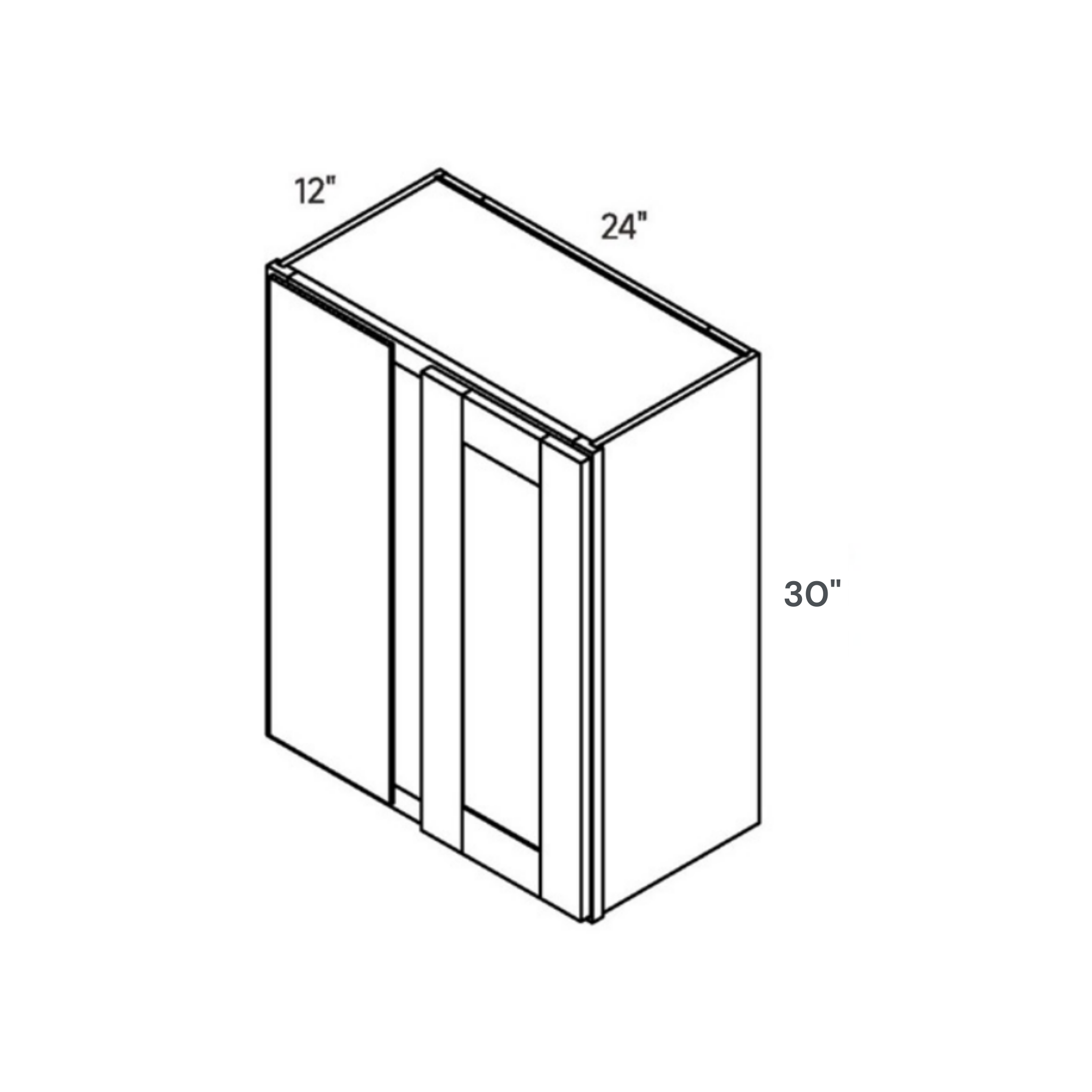 White traditional shaker blind corner wall, 24″ wide, 30″ high, 12″ deep, shown in a technical line drawing with dimensions. Part of the Seaport line from the Kitchen & Cabinet Store.
