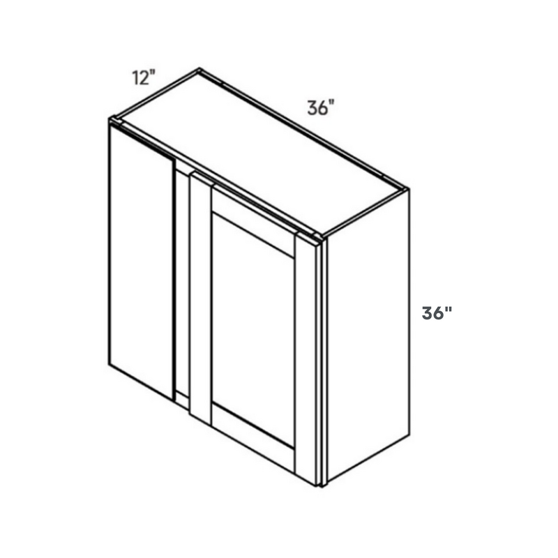 White contemporary shaker wide blind corner wall, 36″ wide, 36″ high, 12″ deep, shown in a technical line drawing with dimensions. Part of the Belmont line from the Kitchen & Cabinet Store.