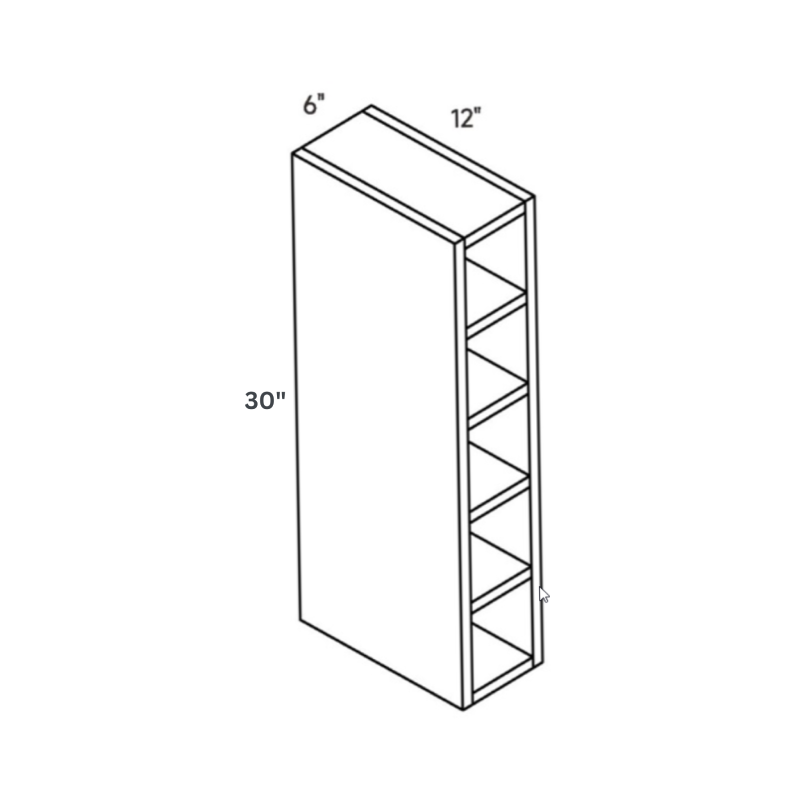 White Vertical 5-Bottle Storage Wine Shelf, 6″ wide, 30″ high, 12″ deep, shown in a technical line drawing with dimensions. Part of the Belmont line from the Kitchen & Cabinet Store.