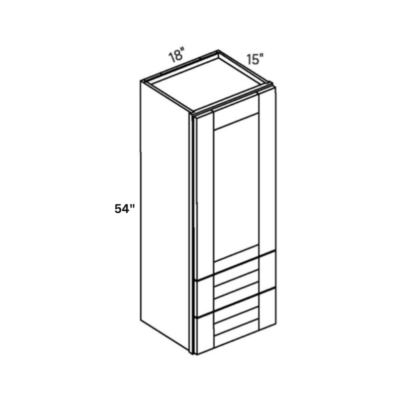 Blue contemporary shaker wall cabinet with a door and 2 drawers at the bottom that sits on counter when installed, 18″ wide, 54″ high, 15″ deep, shown in a technical line drawing with dimensions. Part of the Belmont line from the Kitchen & Cabinet Store.