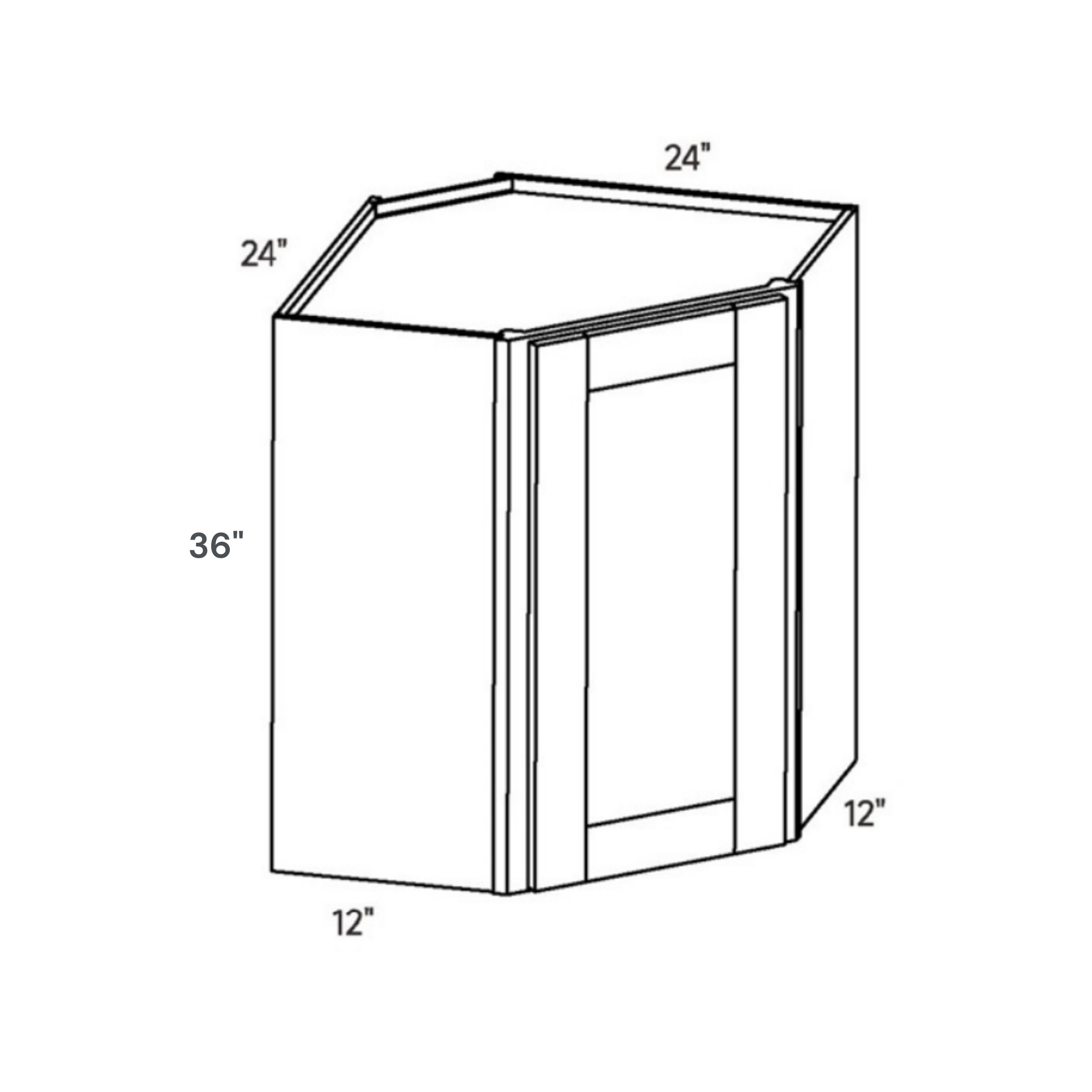 Green contemporary shaker diagonal corner wall, 18″ wide, 36″ high, 24″ deep, shown in a technical line drawing with dimensions. Part of the Belmont line from the Kitchen & Cabinet Store.