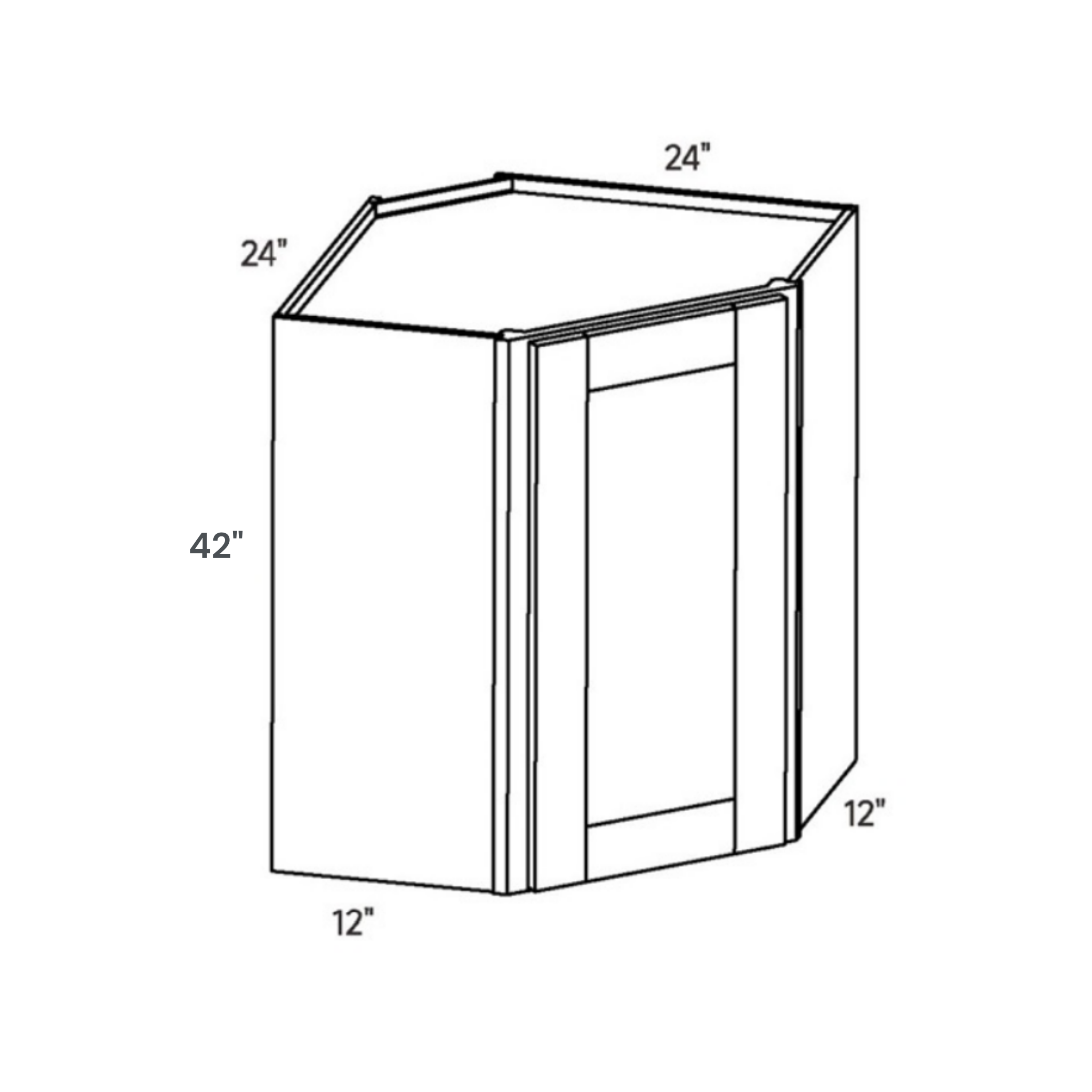 White traditional shaker diagonal corner wall, 18″ wide, 42″ high, 24″ deep, shown in a technical line drawing with dimensions. Part of the Seaport line from the Kitchen & Cabinet Store.