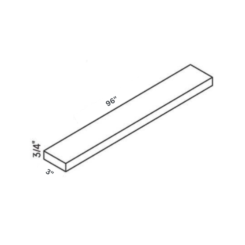 White Wall Filler contemporary shaker, 3″ wide, 96″ high, 0.75″ deep, shown in a technical line drawing with dimensions. Part of the Belmont line from the Kitchen & Cabinet Store.