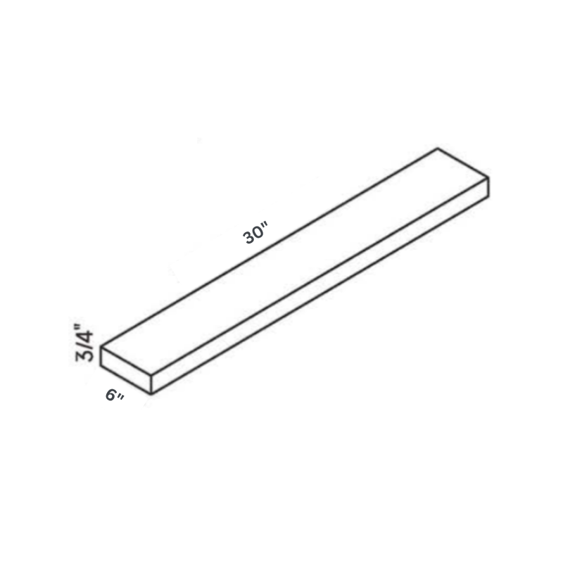 Driftwood Wall Filler traditional shaker, 6″ wide, 30″ high, 0.75″ deep, shown in a technical line drawing with dimensions. Part of the Seaport line from the Kitchen & Cabinet Store.