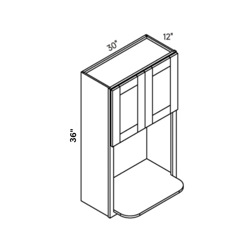 Natural traditional shaker microwave wall cabinet, 30″ wide, 36″ high, 12″ deep, shown in a technical line drawing with dimensions. Part of the Seaport line from the Kitchen & Cabinet Store.