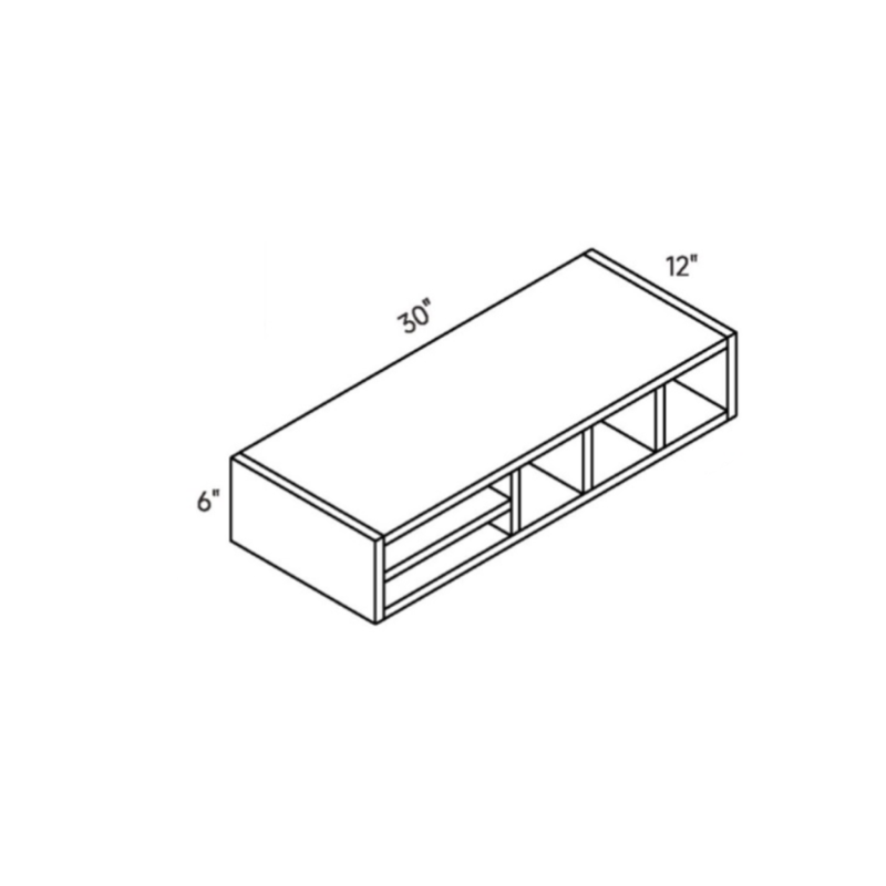 White contemporary shaker wall plate rack, 30″ wide, 6″ high, 12″ deep, shown in a technical line drawing with dimensions. Part of the Belmont line from the Kitchen & Cabinet Store.