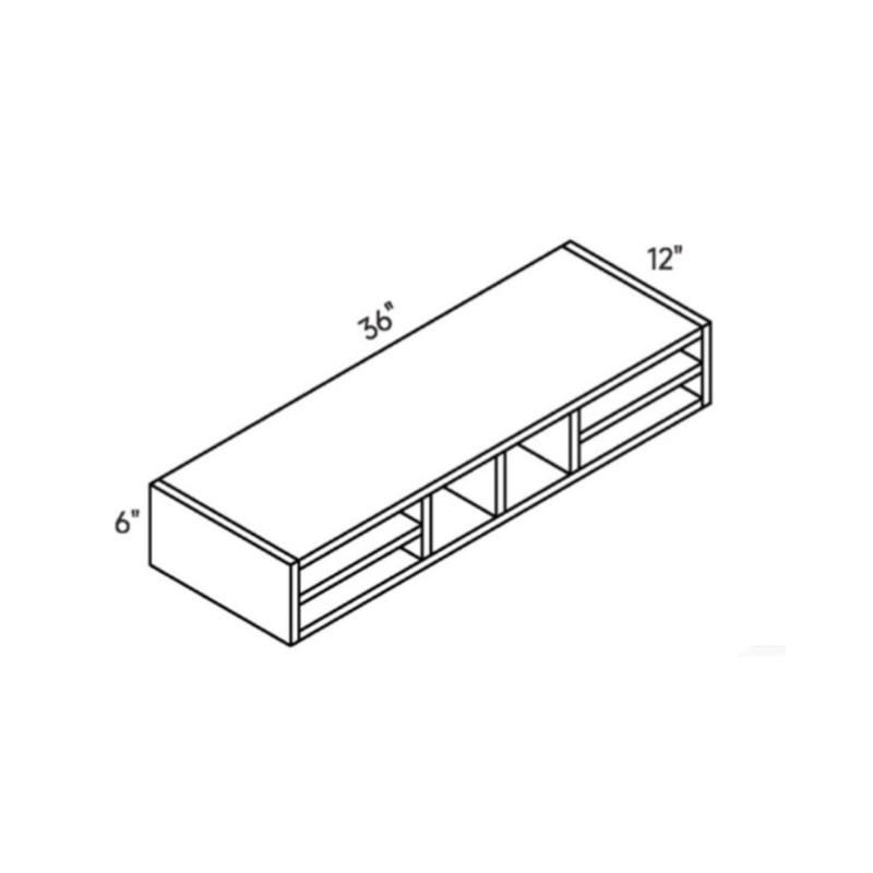 Light Gray traditional shaker wall plate rack, 36″ wide, 6″ high, 12″ deep, shown in a technical line drawing with dimensions. Part of the Seaport line from the Kitchen & Cabinet Store.