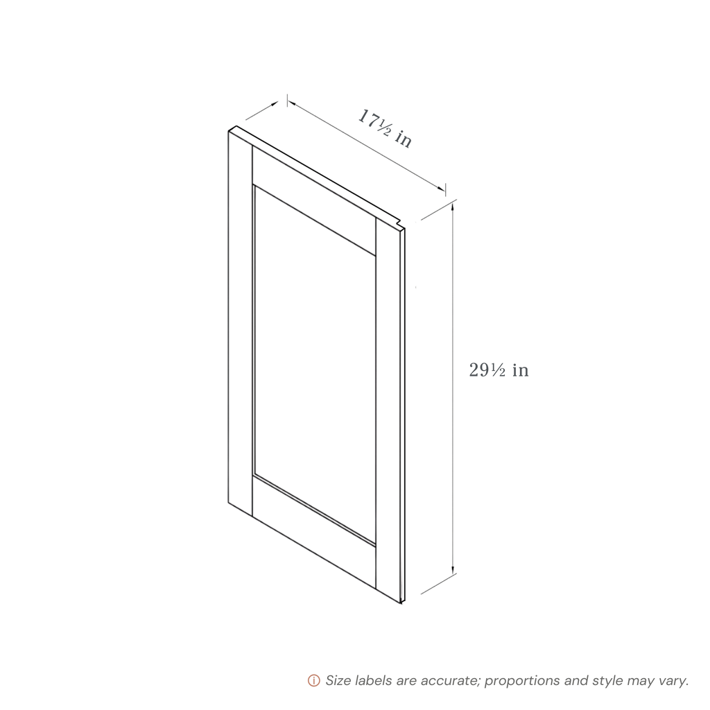Blue Base End Panel contemporary shaker, 17.5″ wide, 29.5″ high, 0.75″ deep, shown in a technical line drawing with dimensions. Part of the Belmont line from the Kitchen & Cabinet Store.