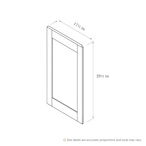 Driftwood Base End Panel traditional shaker, 17.5″ wide, 29.5″ high, 0.75″ deep, shown in a technical line drawing with dimensions. Part of the Seaport line from the Kitchen & Cabinet Store.
