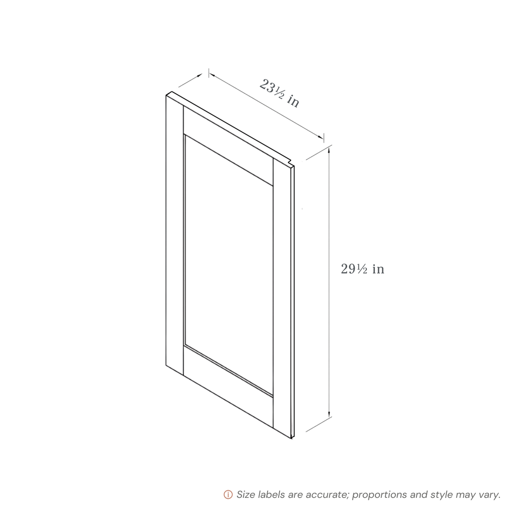 Blue Base End Panel contemporary shaker, 23.5″ wide, 29.5″ high, 0.75″ deep, shown in a technical line drawing with dimensions. Part of the Belmont line from the Kitchen & Cabinet Store.