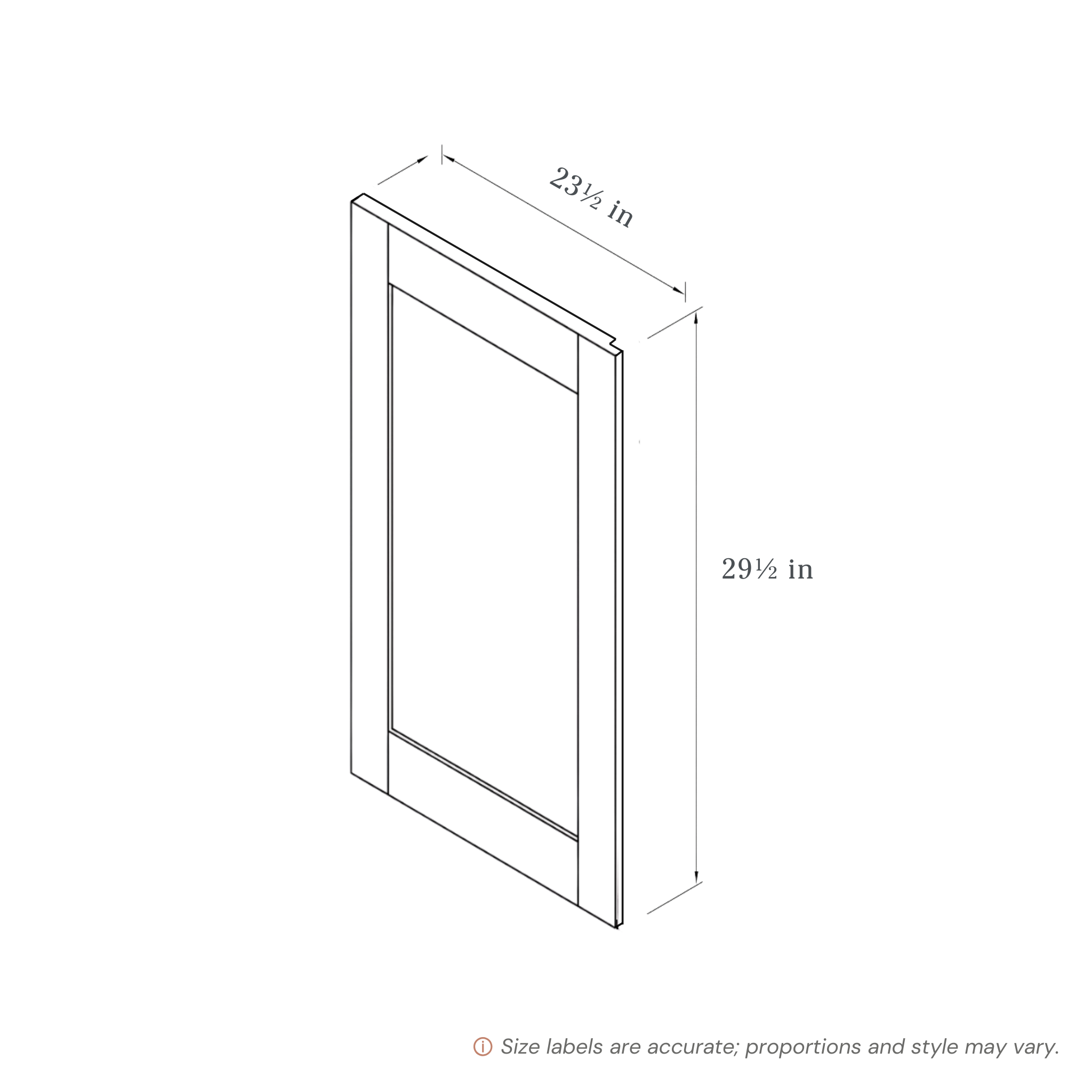Light Gray Base End Panel traditional shaker, 23.5″ wide, 29.5″ high, 0.75″ deep, shown in a technical line drawing with dimensions. Part of the Seaport line from the Kitchen & Cabinet Store.
