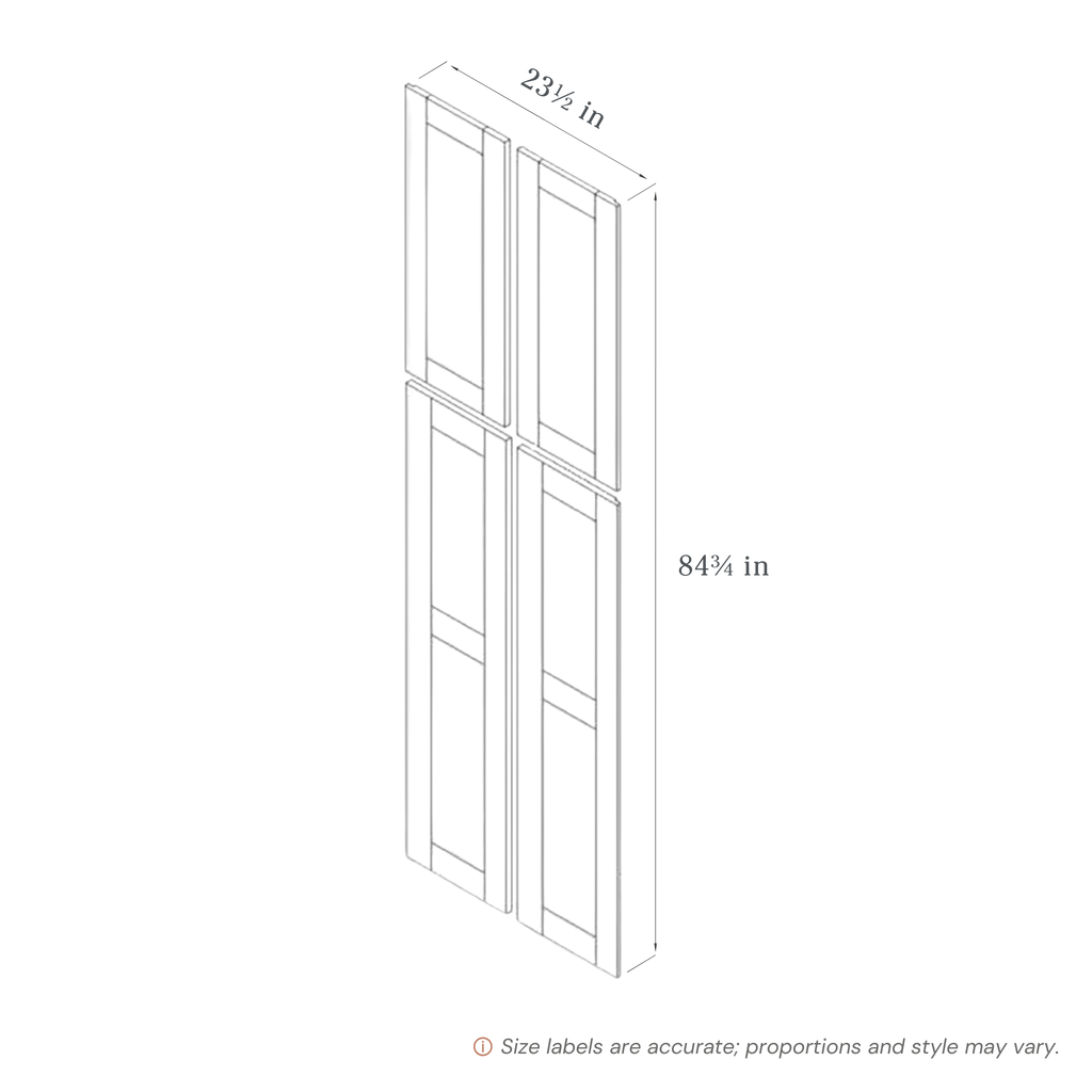 Blue Tall End Panel contemporary shaker, 23.5″ wide, 84.75″ high, 0.75″ deep, shown in a technical line drawing with dimensions. Part of the Belmont line from the Kitchen & Cabinet Store.