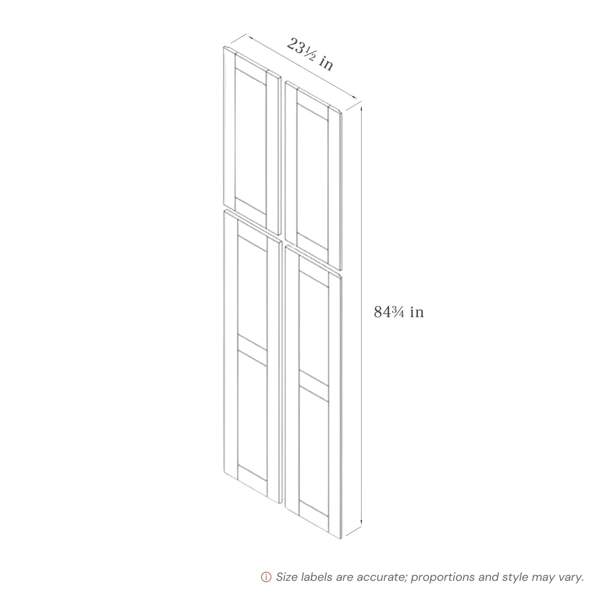 White Tall End Panel contemporary shaker, 23.5″ wide, 84.75″ high, 0.75″ deep, shown in a technical line drawing with dimensions. Part of the Belmont line from the Kitchen & Cabinet Store.