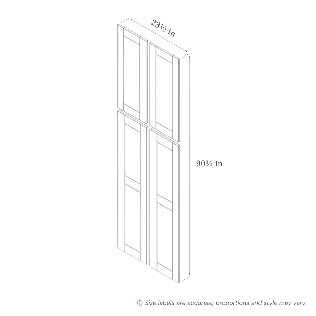 Blue Tall End Panel contemporary shaker, 23.5″ wide, 90.75″ high, 0.75″ deep, shown in a technical line drawing with dimensions. Part of the Belmont line from the Kitchen & Cabinet Store.