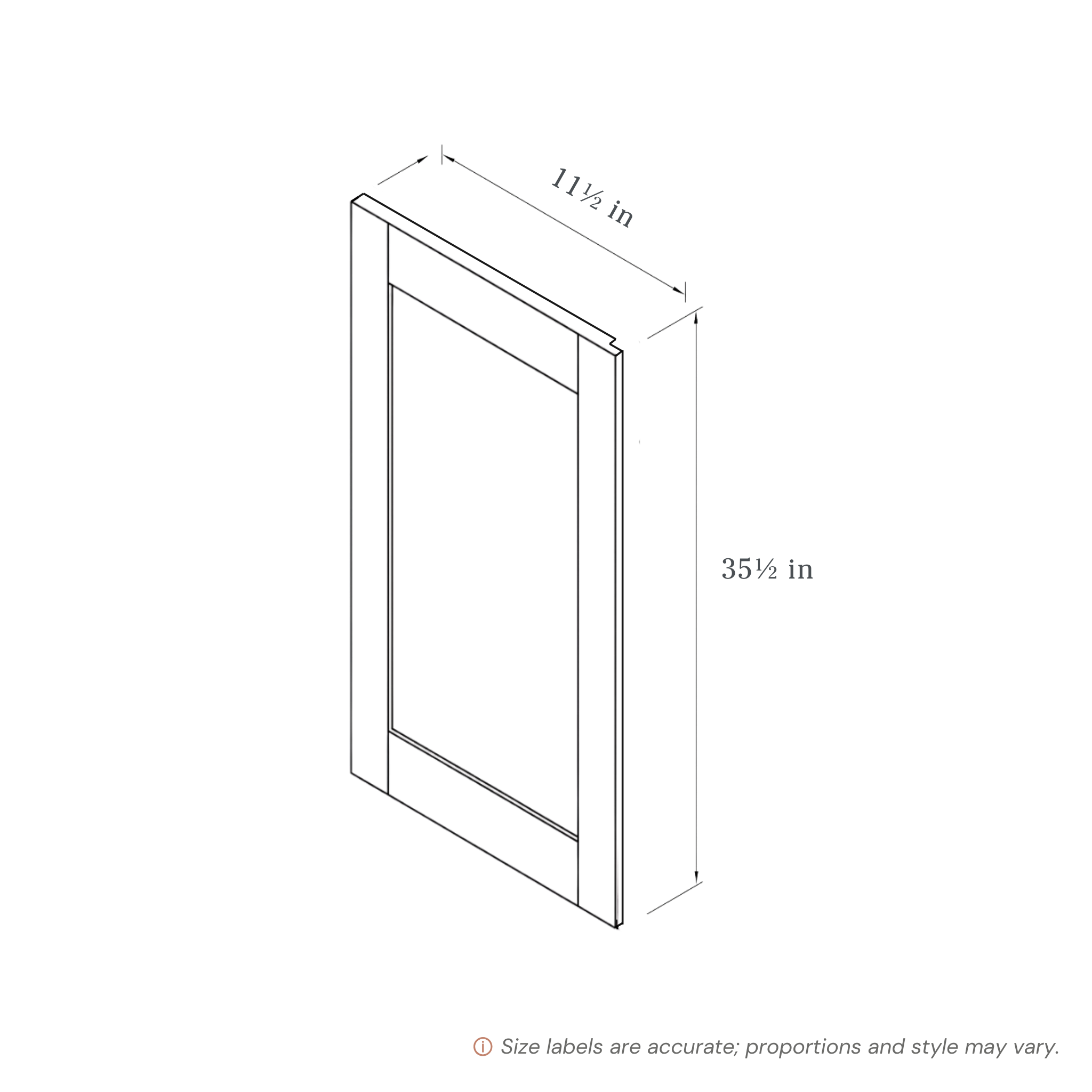 White Wall End Panel contemporary shaker, 11.5″ wide, 35.5″ high, 0.75″ deep, shown in a technical line drawing with dimensions. Part of the Belmont line from the Kitchen & Cabinet Store.