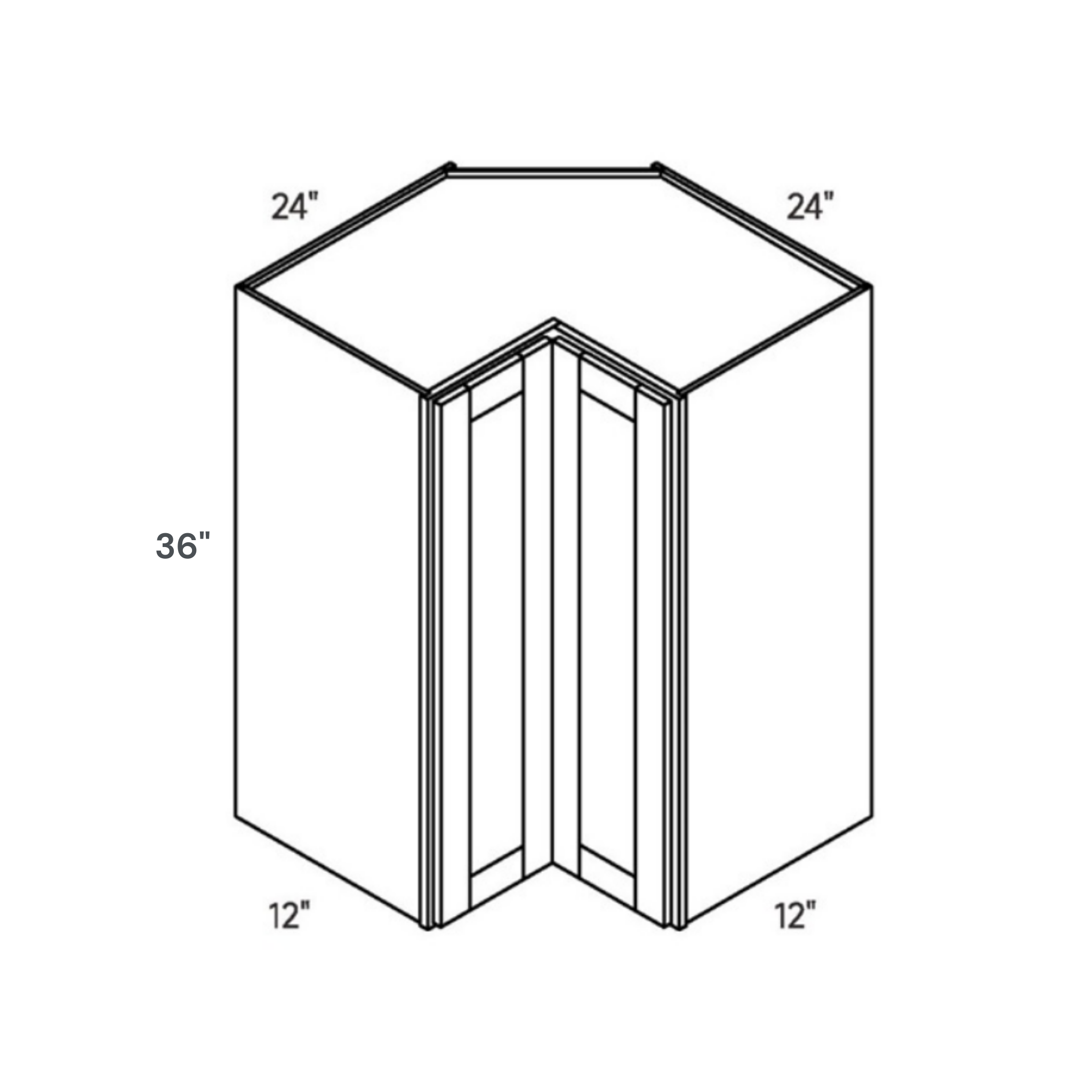 White traditional shaker pie, 24″ wide, 36″ high, 24″ deep, shown in a technical line drawing with dimensions. Part of the Seaport line from the Kitchen & Cabinet Store.