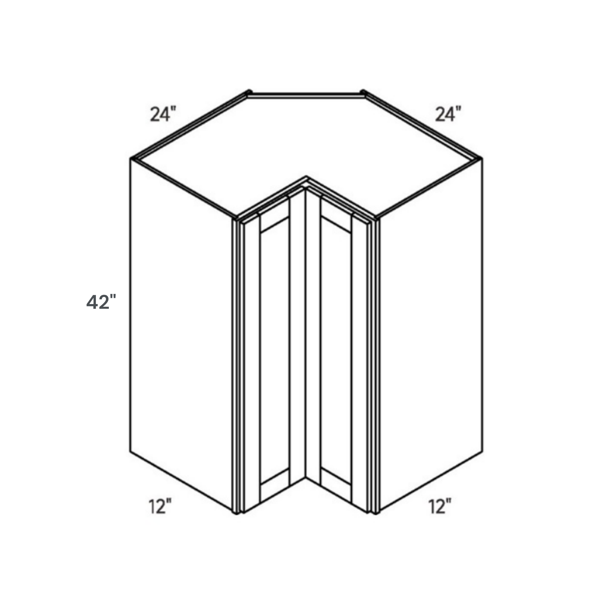 Blue contemporary shaker pie, 24″ wide, 42″ high, 24″ deep, shown in a technical line drawing with dimensions. Part of the Belmont line from the Kitchen & Cabinet Store.