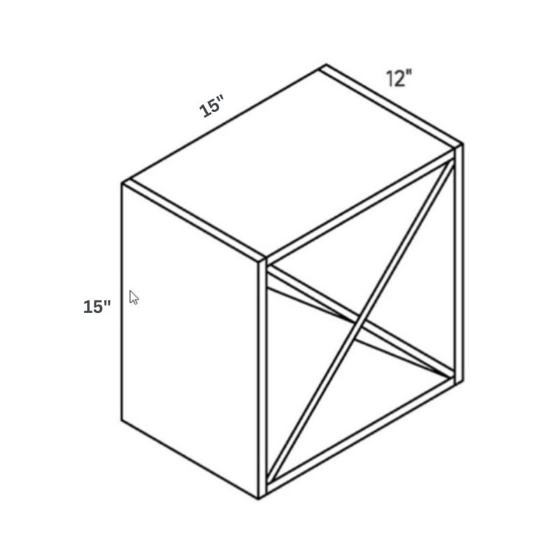 Green X contemporary shaker, 15″ wide, 15″ high, 12″ deep, shown in a technical line drawing with dimensions. Part of the Belmont line from the Kitchen & Cabinet Store.