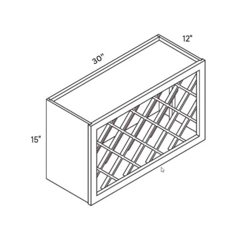 Blue Lattice Wine Rack contemporary shaker, 30″ wide, 15″ high, 12″ deep, shown in a technical line drawing with dimensions. Part of the Belmont line from the Kitchen & Cabinet Store.