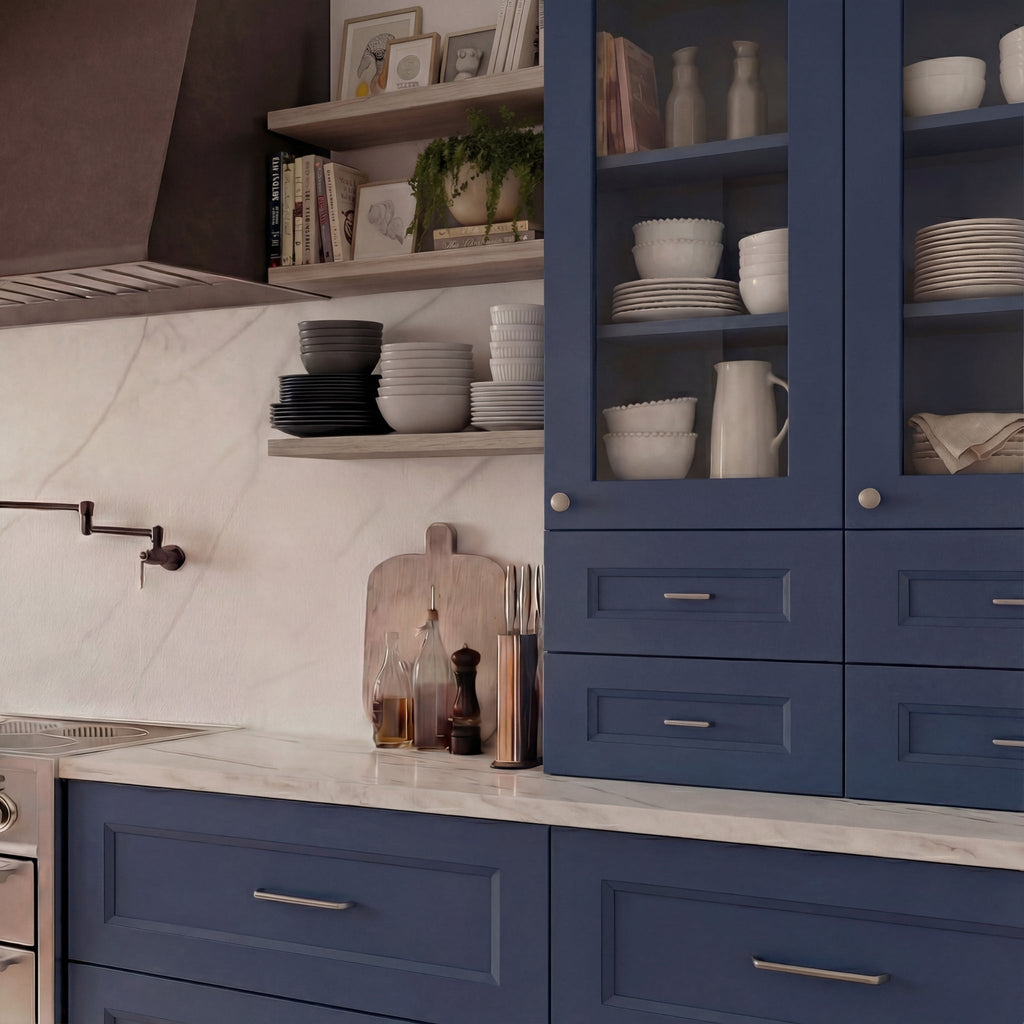 Belmont Blue trim, filler, & panels close-up view showing door details, floating wood shelves, and white marble countertops.