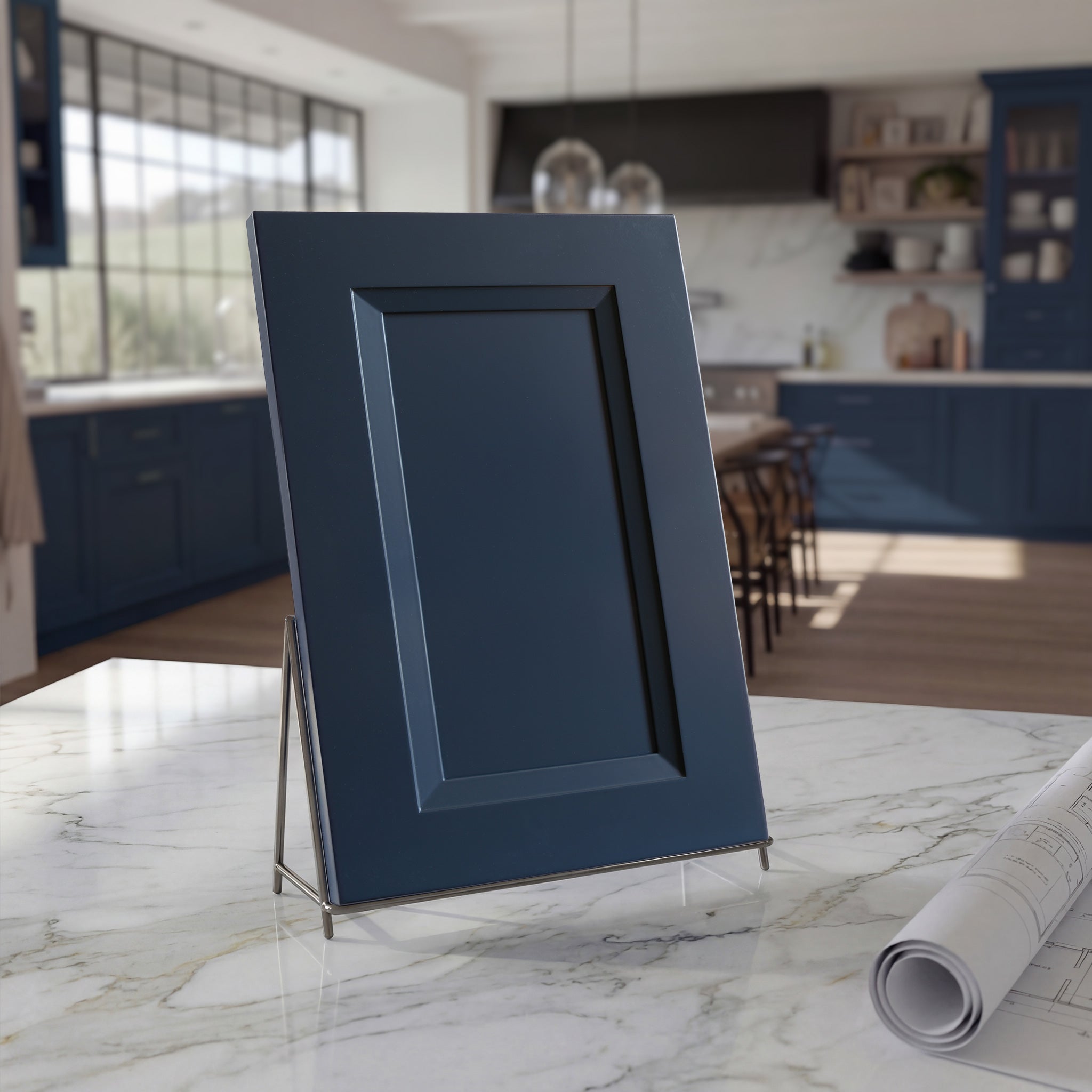 Angled Belmont blue beveled shaker cabinet door sample on a white stone countertop against a contemporary kitchen backdrop.